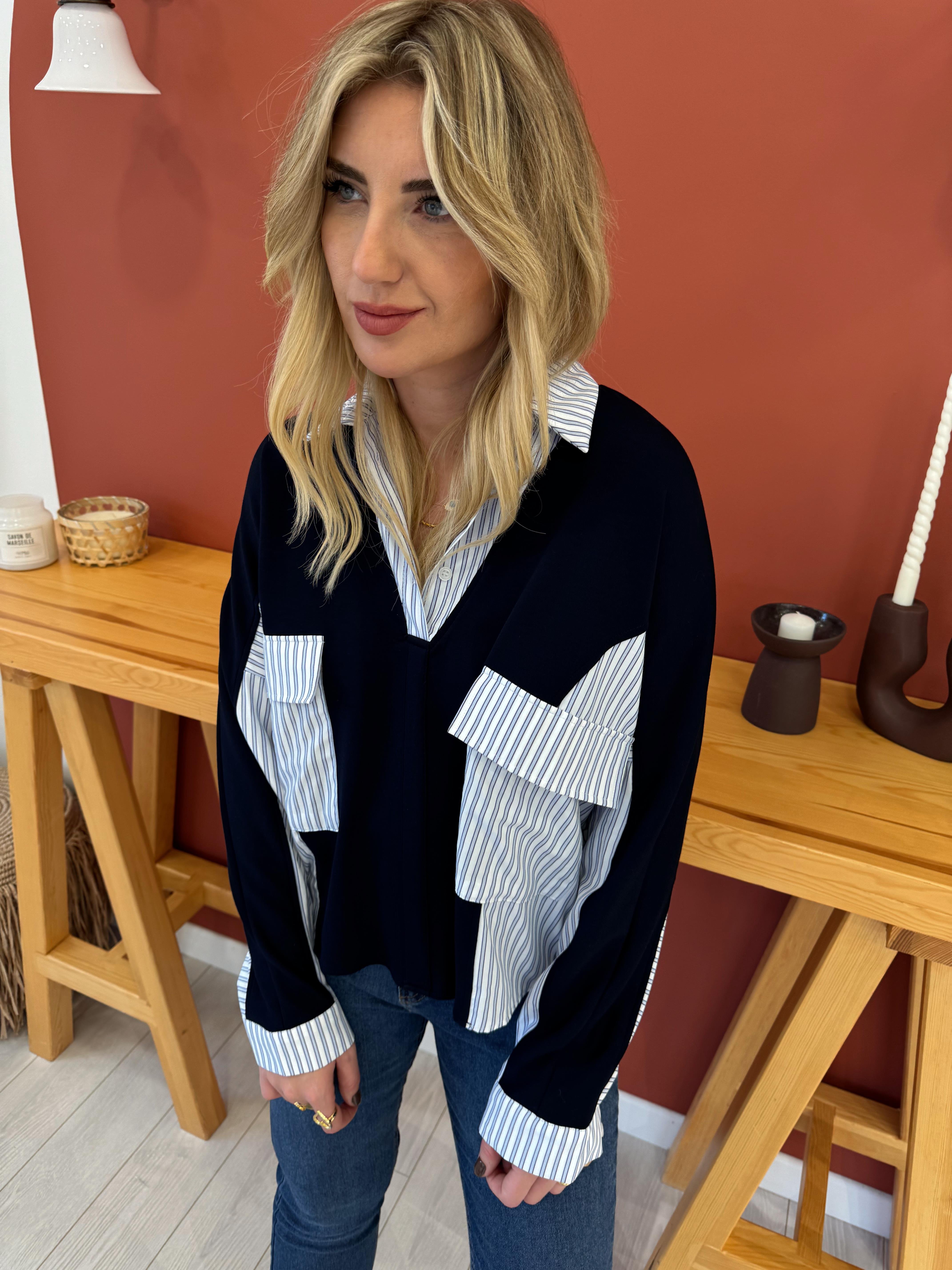 Modal Detaylı Çizgili Poplin Gömlek