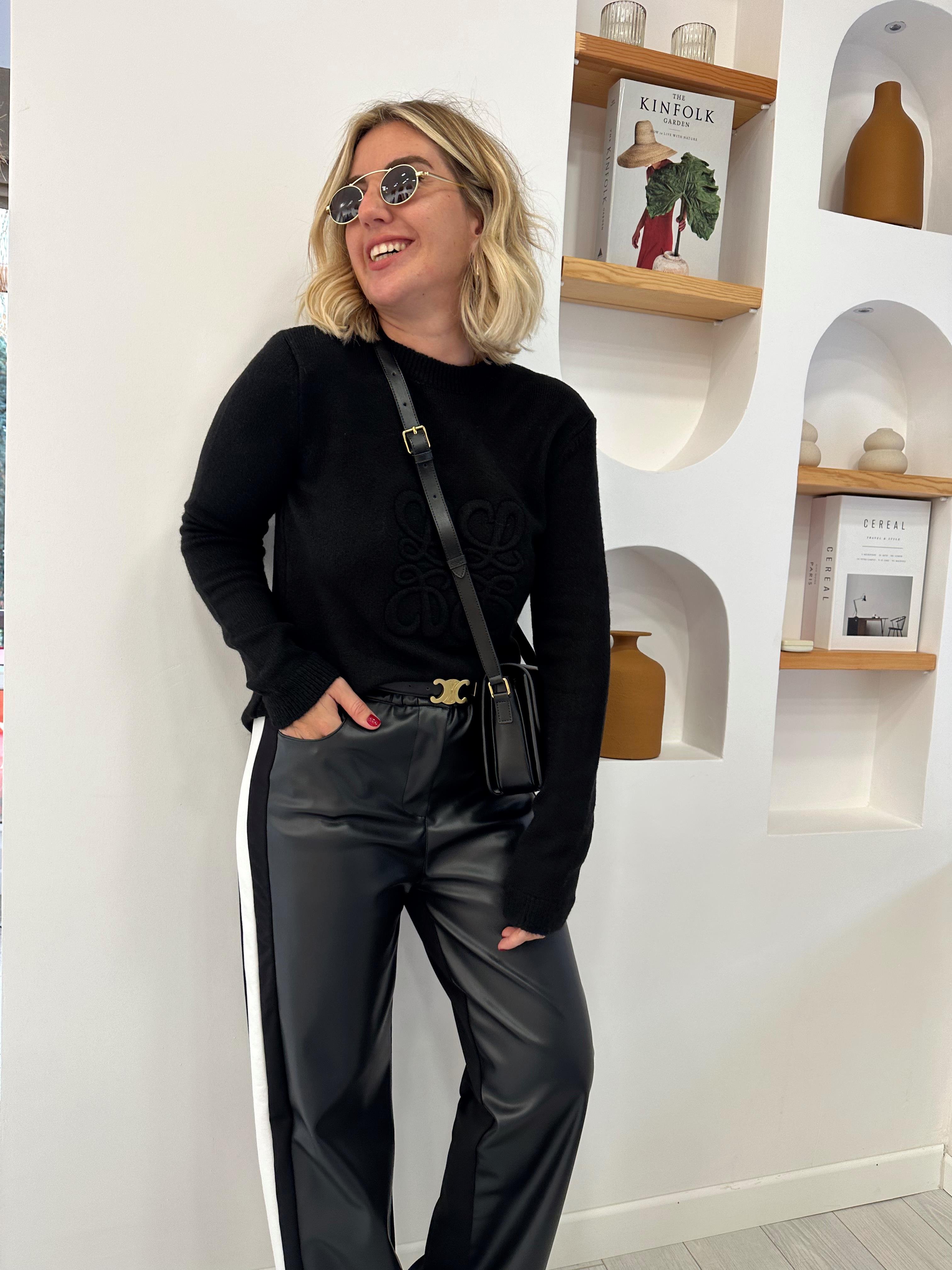 Önü Deri Arkası Kumaş Tasarım Siyah Pantolon | Begüm Mayda Boutique