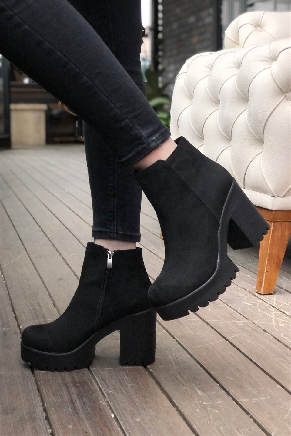 Carla Bella Dolgu Topuk Platform Kadın Bot Siyah Süet B-750 | Mybella Shoes