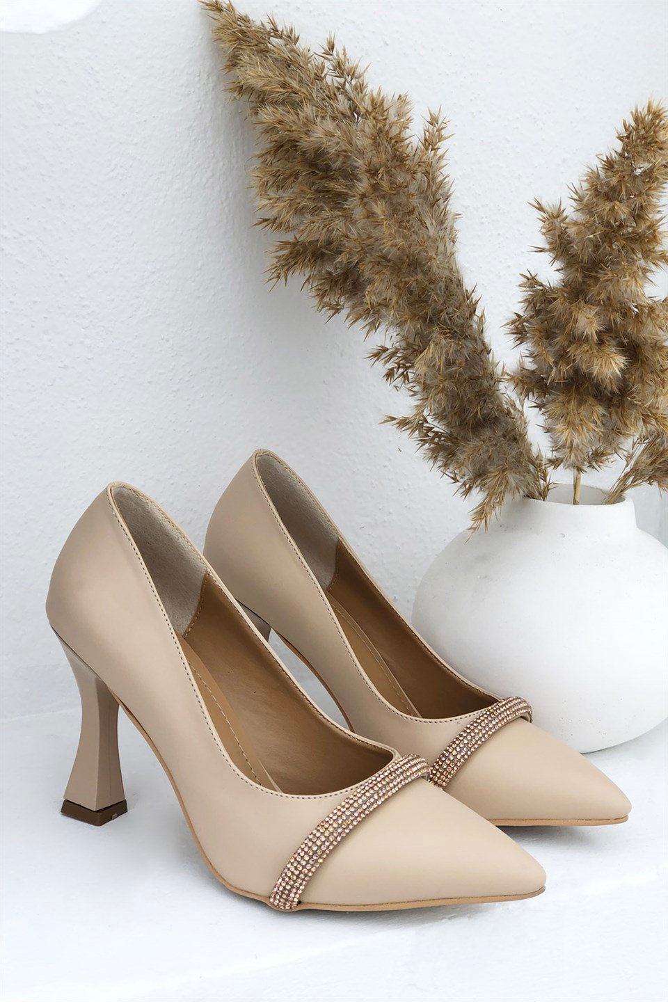 İkonik Topuklu Kadın Taşlı Ayakkabı Nut 18-160 FELES | Mybella Shoes