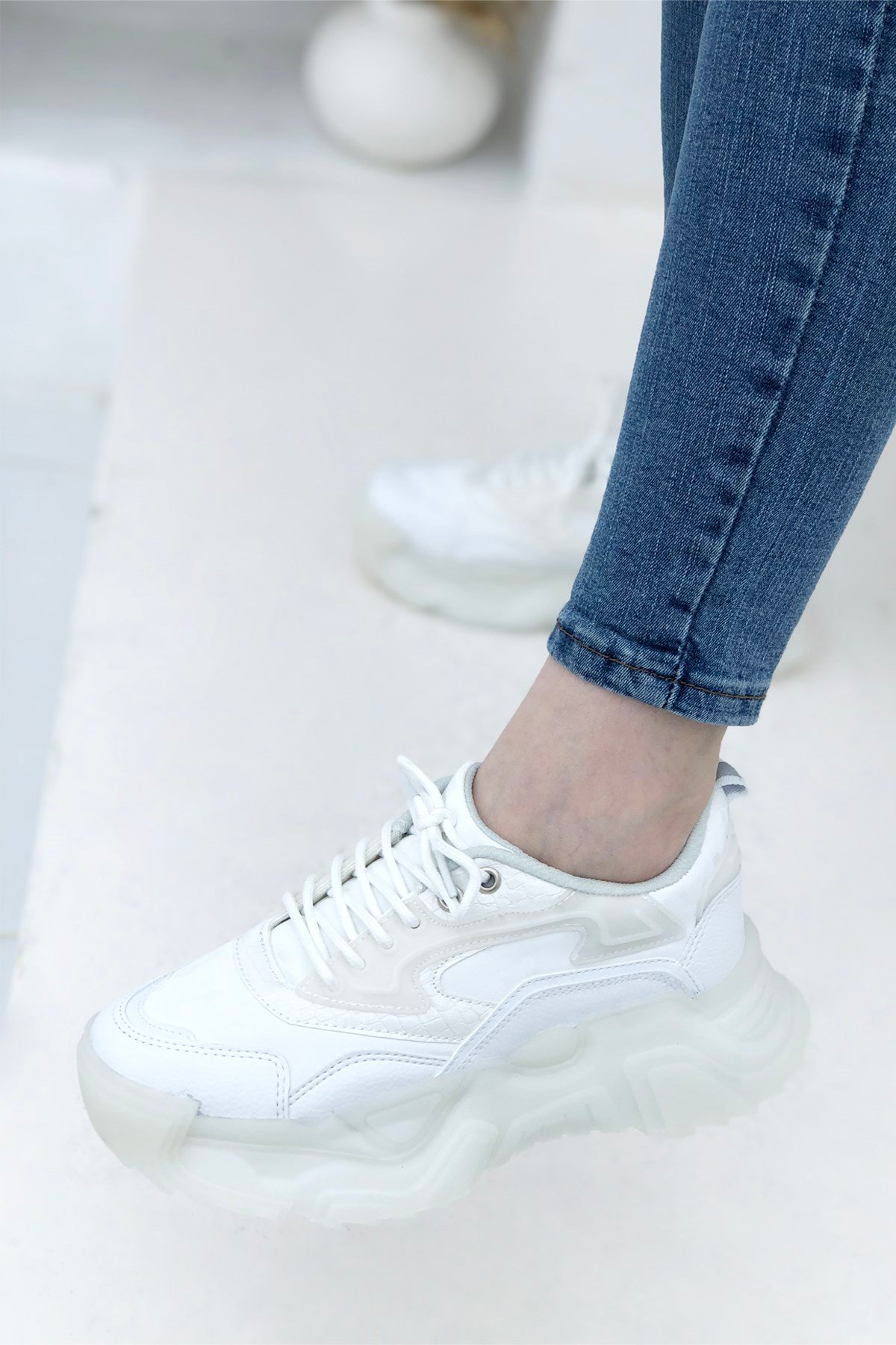FLET Şeffaf Yüksek Taban Cilt Kadın Spor Ayakkabı Beyaz 125 | Mybella Shoes