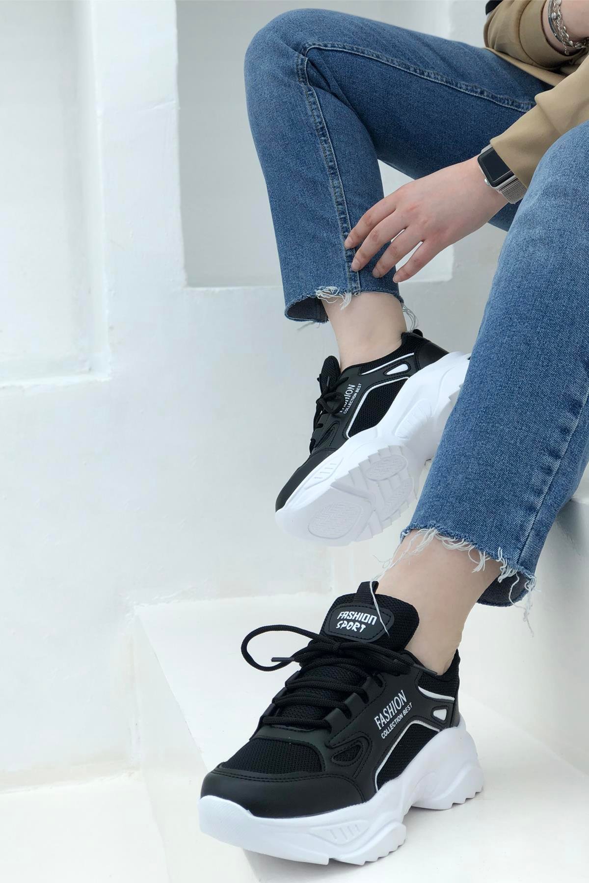 Yüksek Taban Nefes Alır Günlük Kadın Spor Ayakkabı Siyah Beyaz 9671  Lambırlent | Mybella Shoes