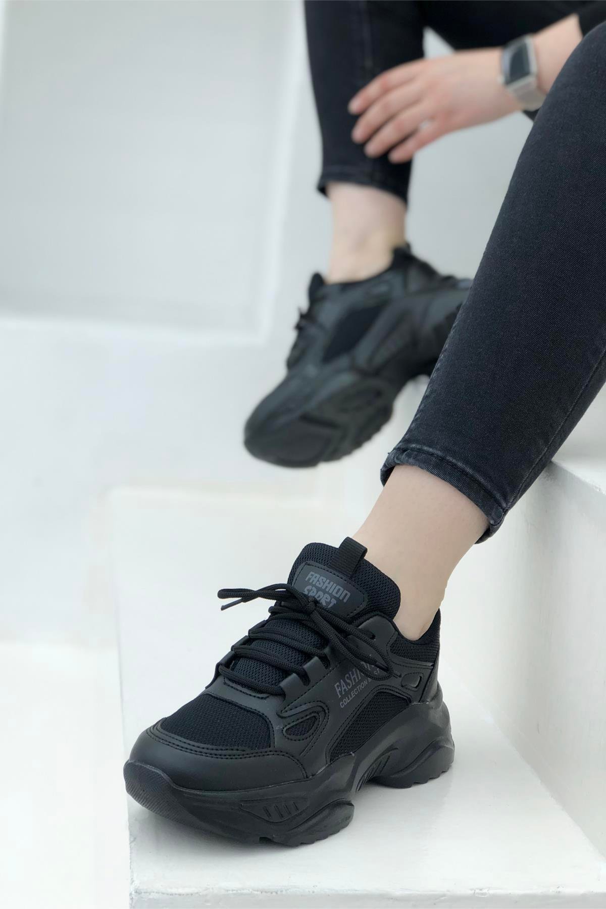 Yüksek Taban Nefes Alır Günlük Kadın Spor Ayakkabı Siyah 9671 | My Bella  Shoes