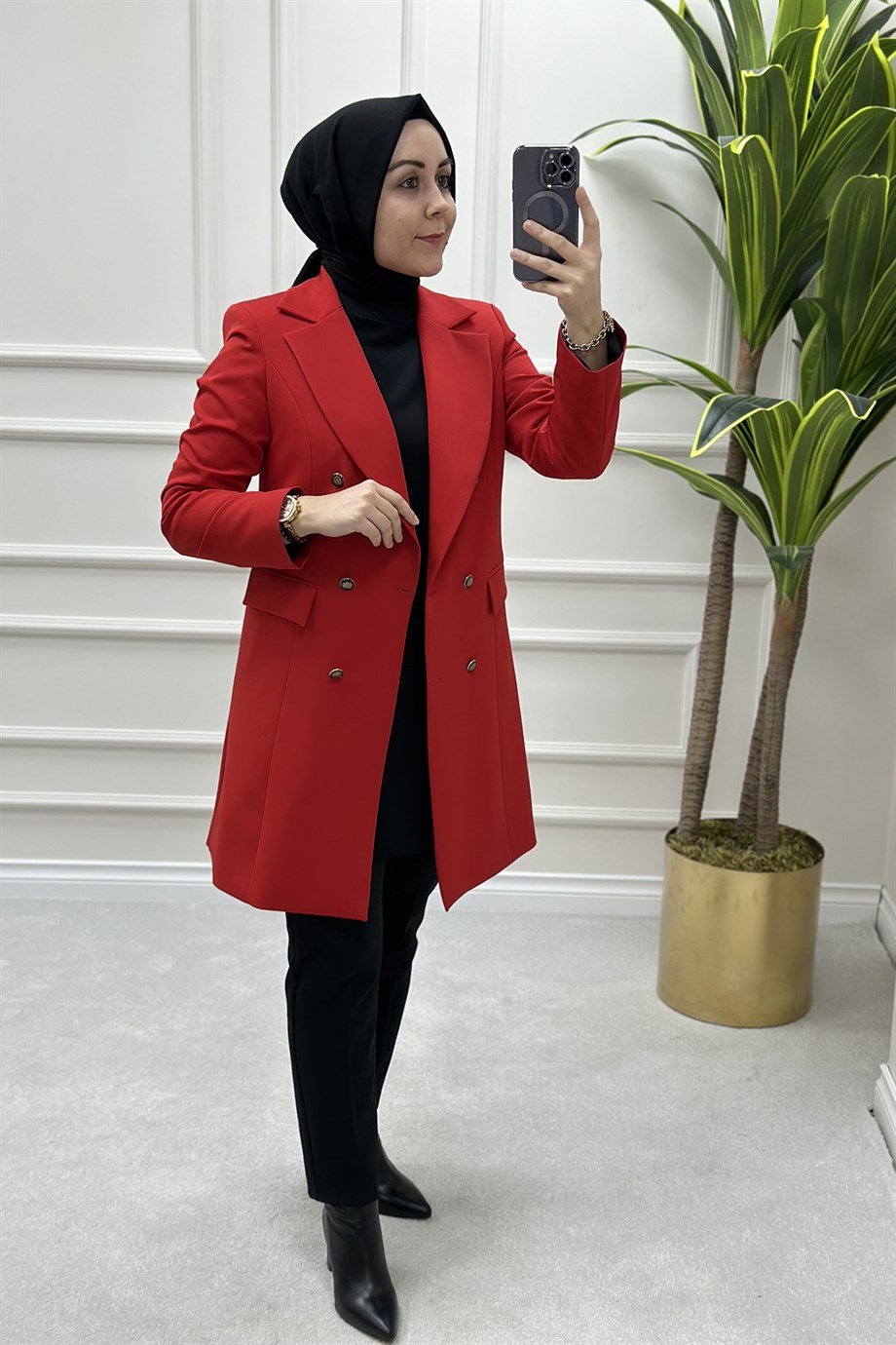 Kruvaze Yaka Uzun Blazer Kadın Ceket Kırmızı ALS 1001 - Elören Giyim