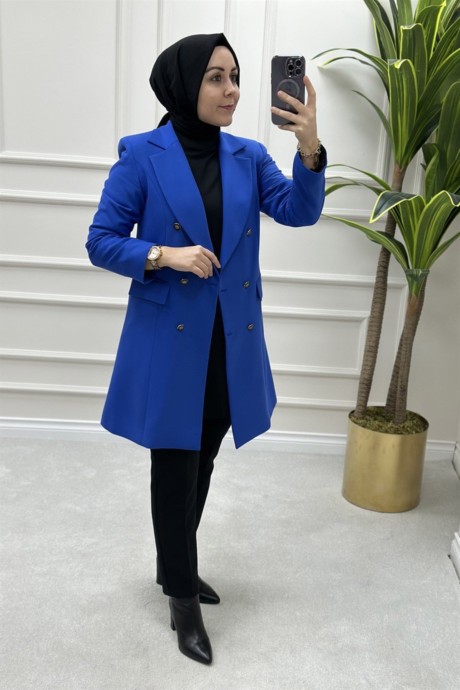 Kruvaze Yaka Uzun Blazer Kadın Ceket Saks Mavisi ALS 1001 - Elören Giyim