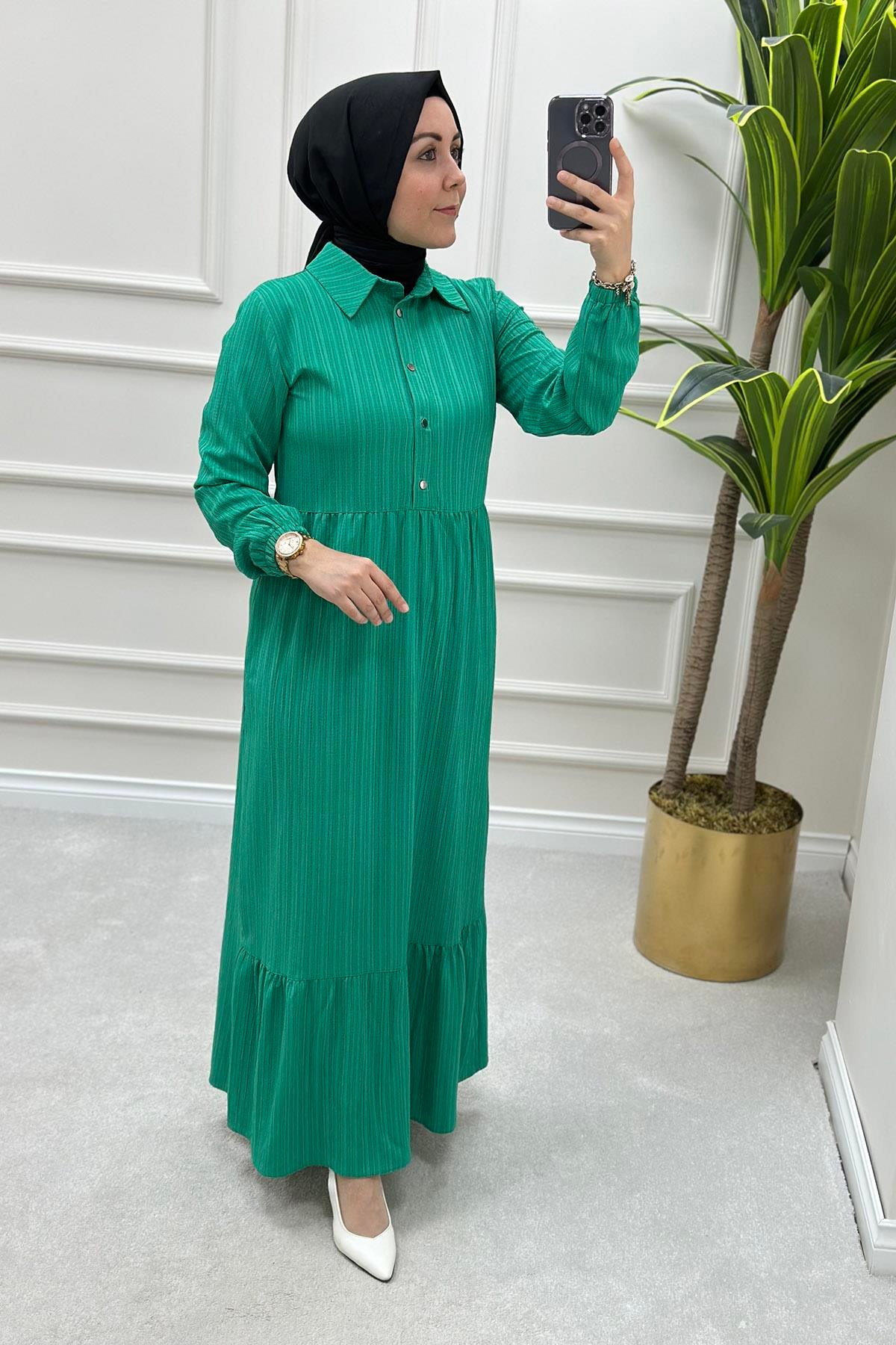 Önü Çıtçıtlı Büzgülü Kadın Elbise Benetton Yeşili CNR 1386 - Elören Giyim