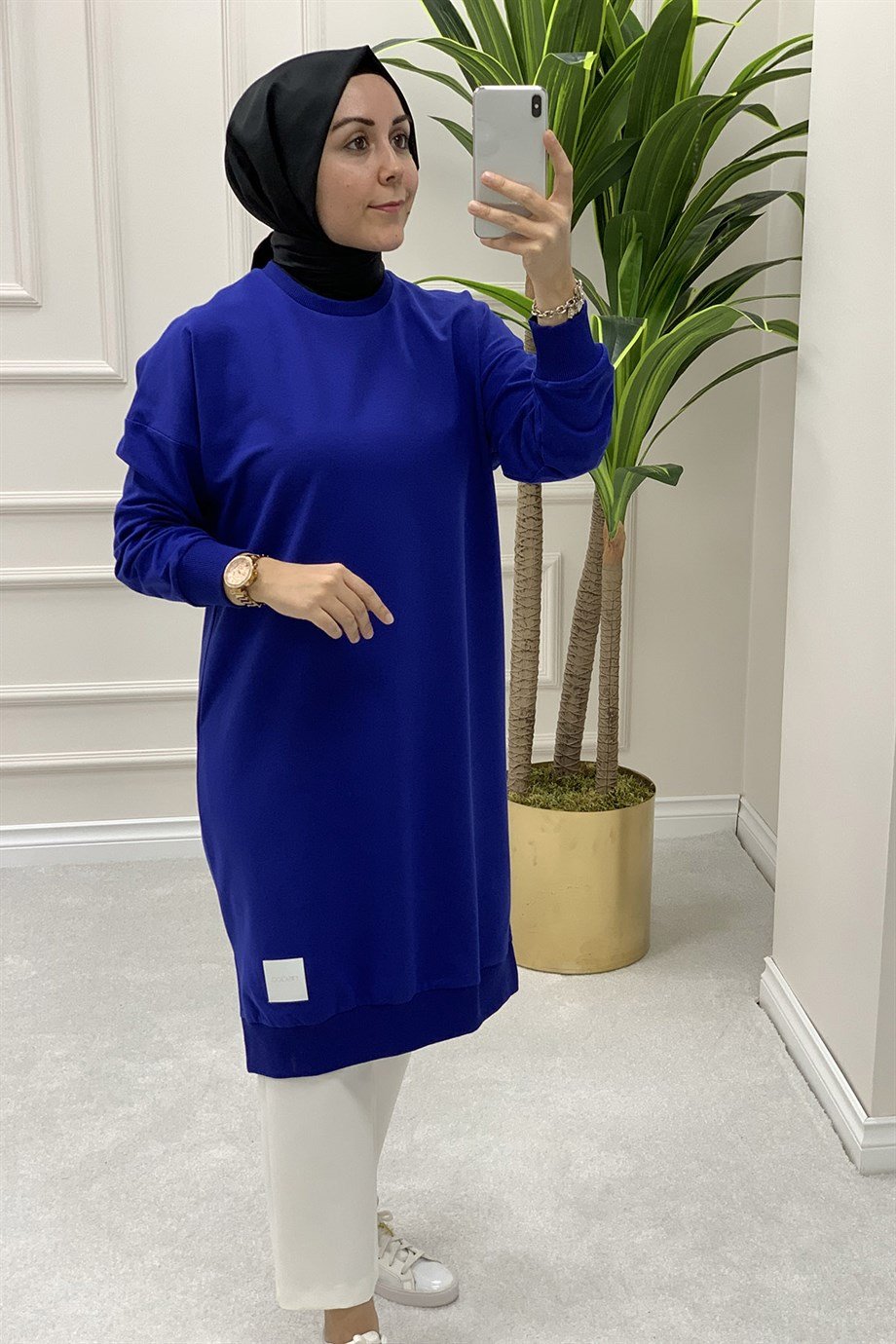Düşük Omuz Uzun Spor Kadın Tunik Saks Mavisi NSC 11582 - Elören Giyim