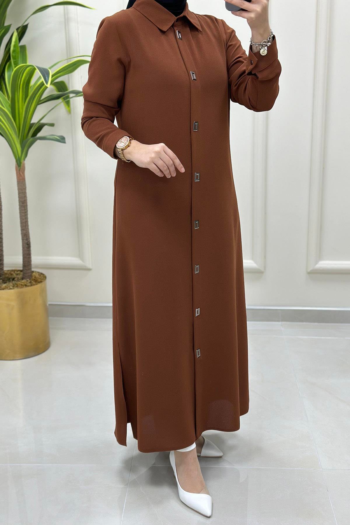 Önü Çıt Çıtlı Uzun Kadın Tunik Taba QTN 4601 - Elören Giyim