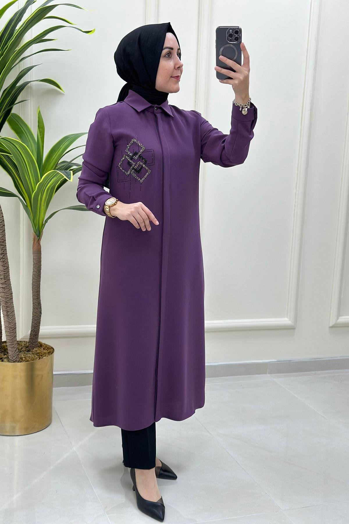 Önü Gizli Düğme Detaylı Kadın Tunik Mor HYA 1208 - Elören Giyim