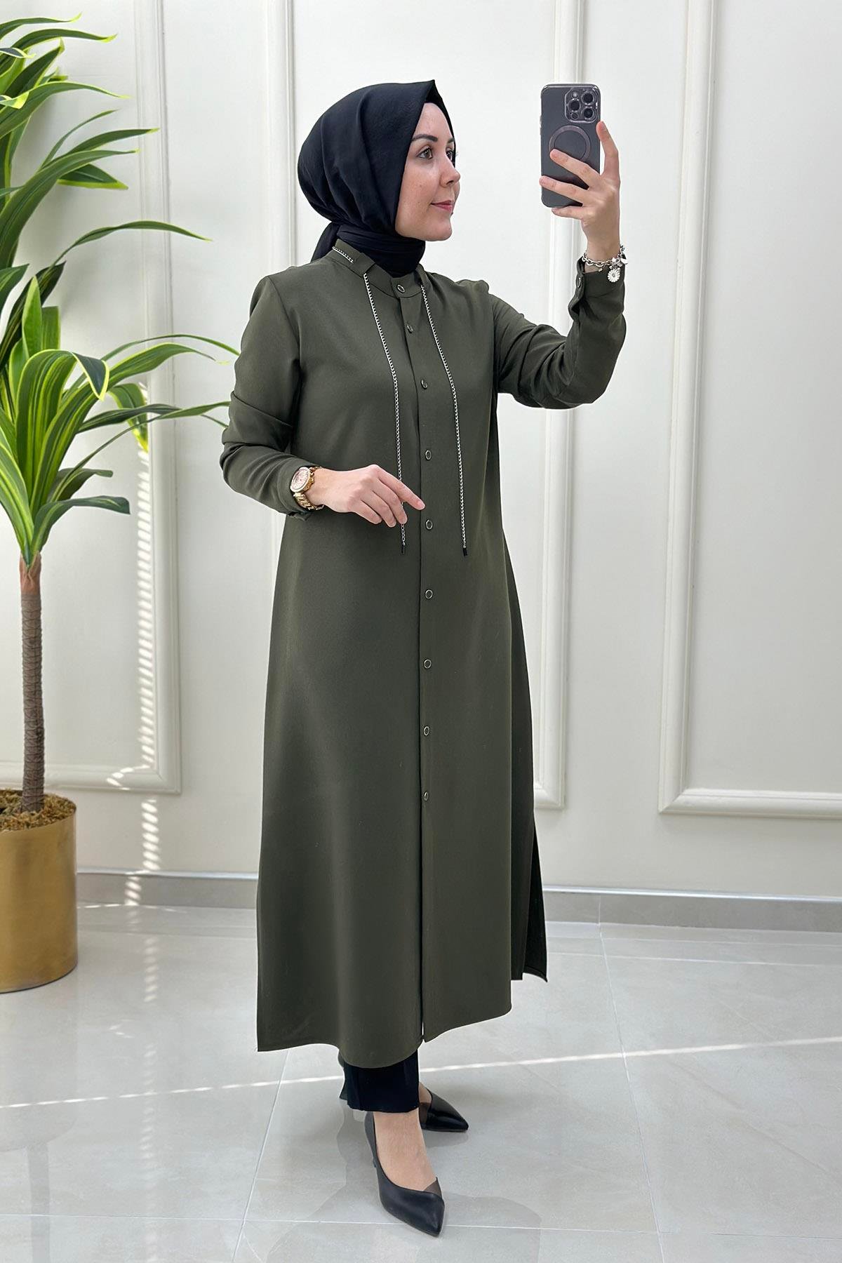 Önü Zincir Detaylı Uzun Kadın Tunik Haki Yeşili QTN 4652 - Elören Giyim
