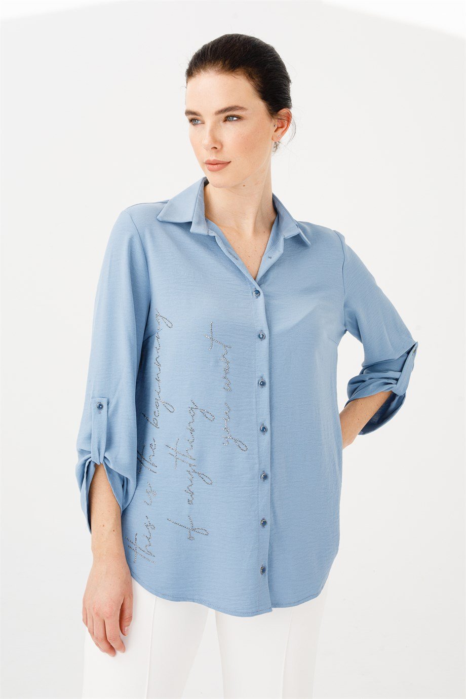Mutlu Ertan | Butik Triko Gömlek-Önü Taş Detaylı Gömlek-Mavi
