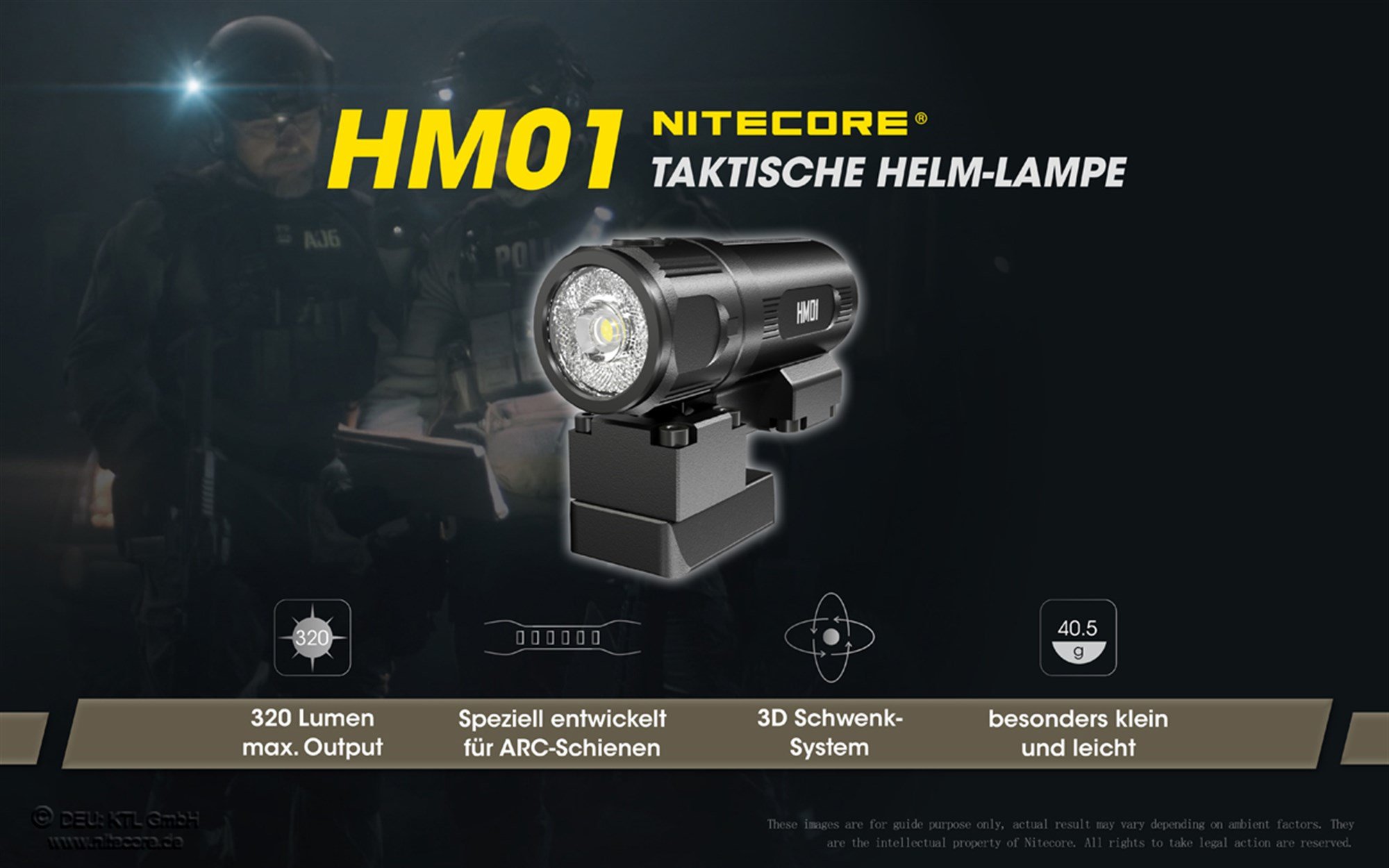 Nitecore HM01, taktik kask lambası, ARC raylı, 320 lümenli, 3D döner  sistemli bir acil durum kaskına