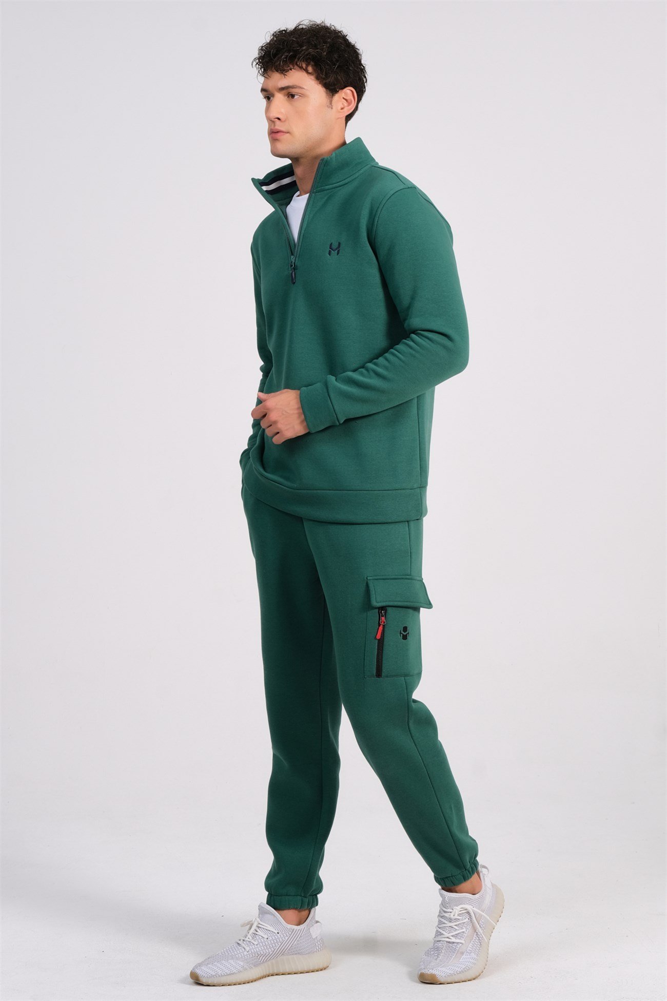 ALA Erkek Yeşil Yarım Fermuarlı Sweatshirt ve Kargo Cepli Eşofman Takımı