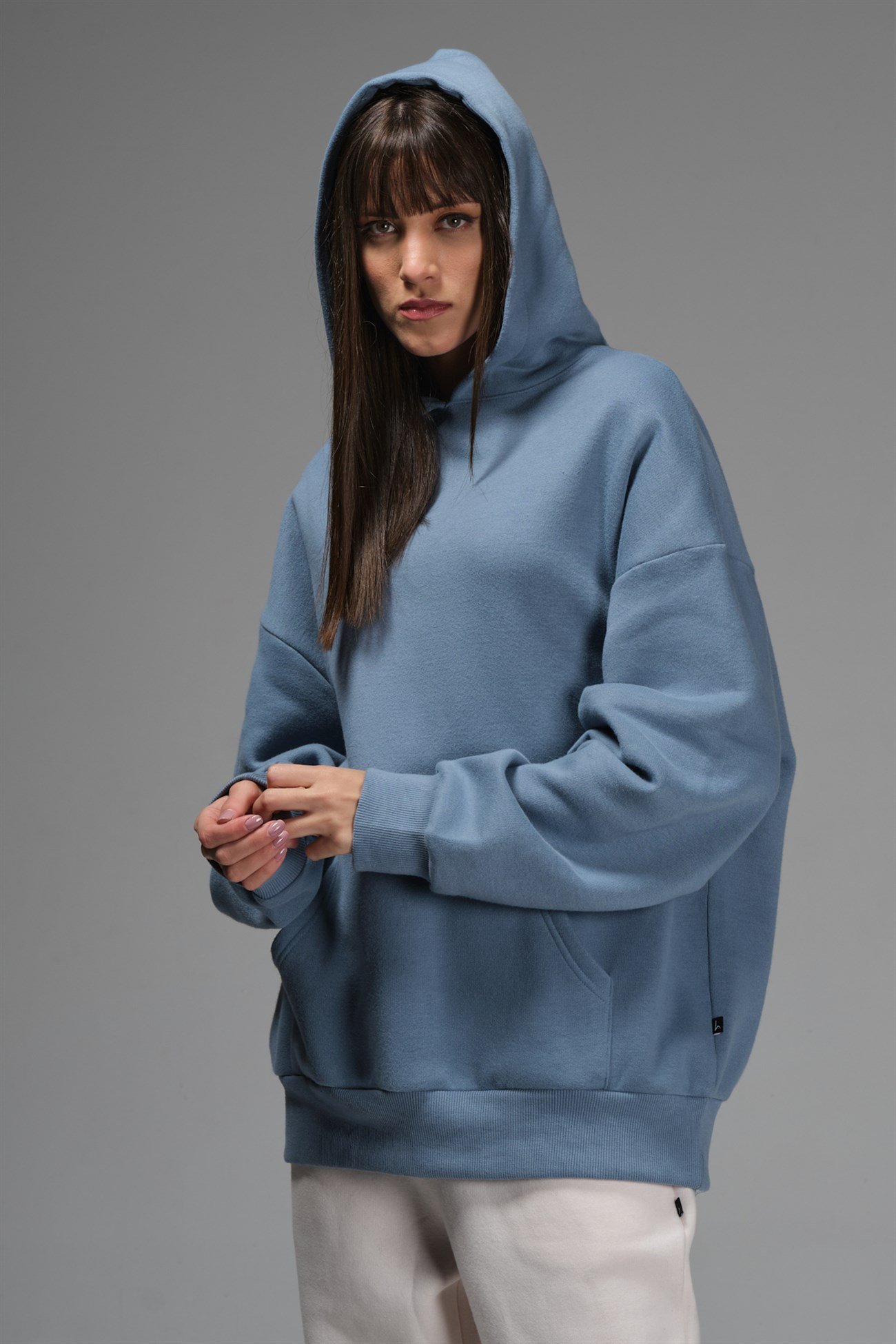 PAC Kadın Mavi Düz Renk Kapüşonlu Oversize Sweatshirt
