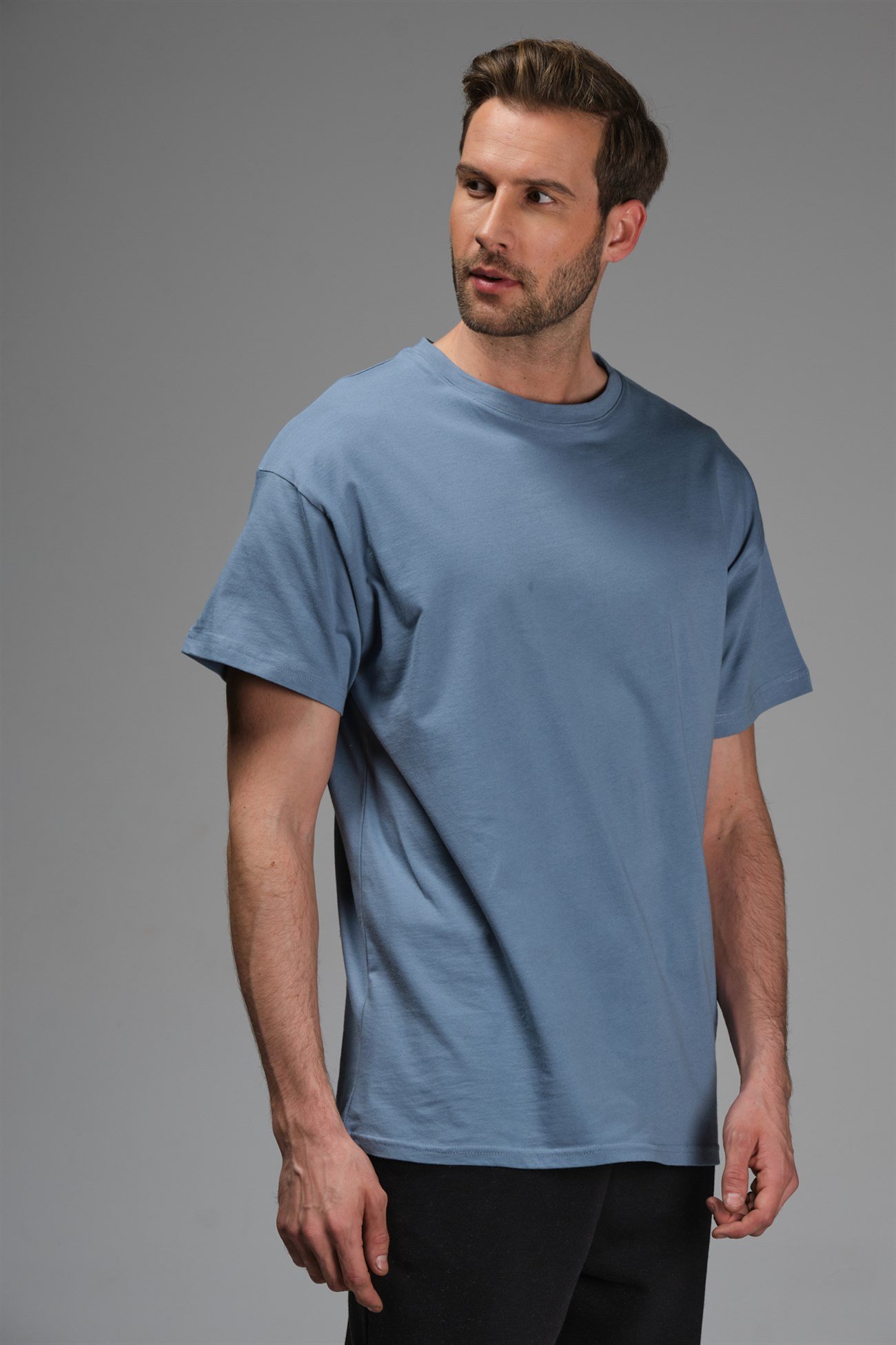 Wes Erkek Mavi Düz Renk Bisiklet Yaka Oversize T-Shirt