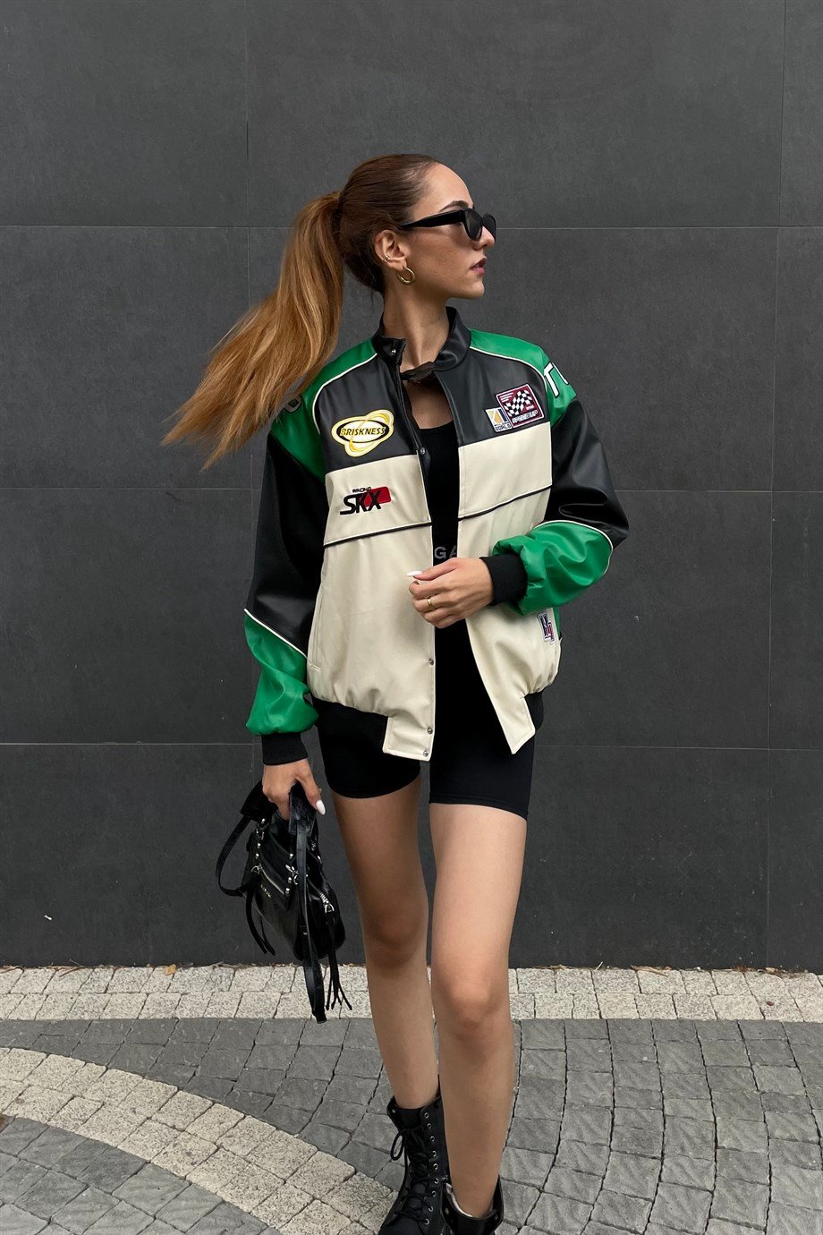 Bej Yeşil Nakışlı Bomber Deri Mont - Kadın Mont Modelleri - Nazliye Moda |  Kadın Giyim Modası