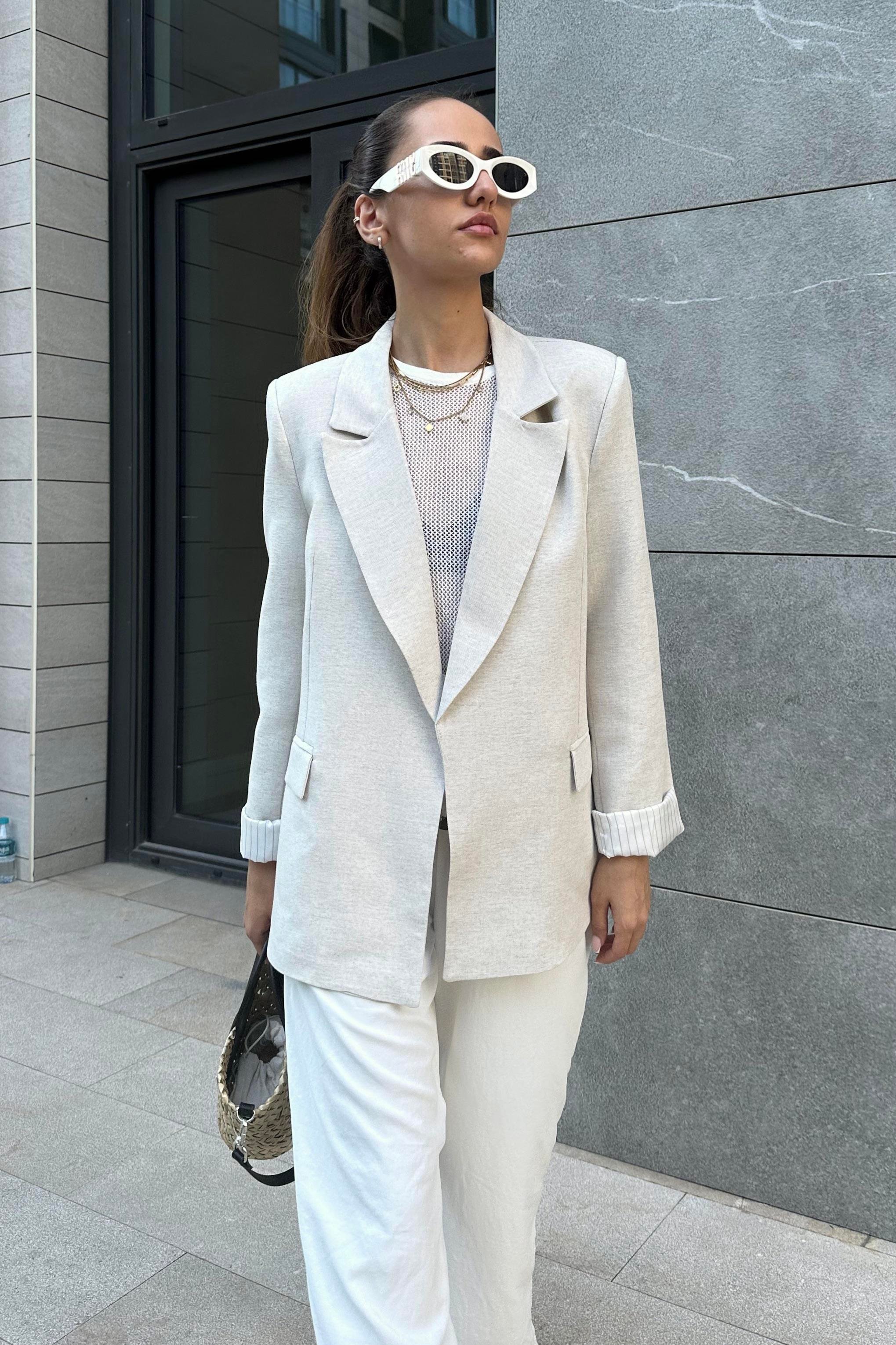 Ekru Keten Blazer Ceket - Kadın Blazer Ceket Modelleri - Nazliye Moda |  Kadın Giyim Modası