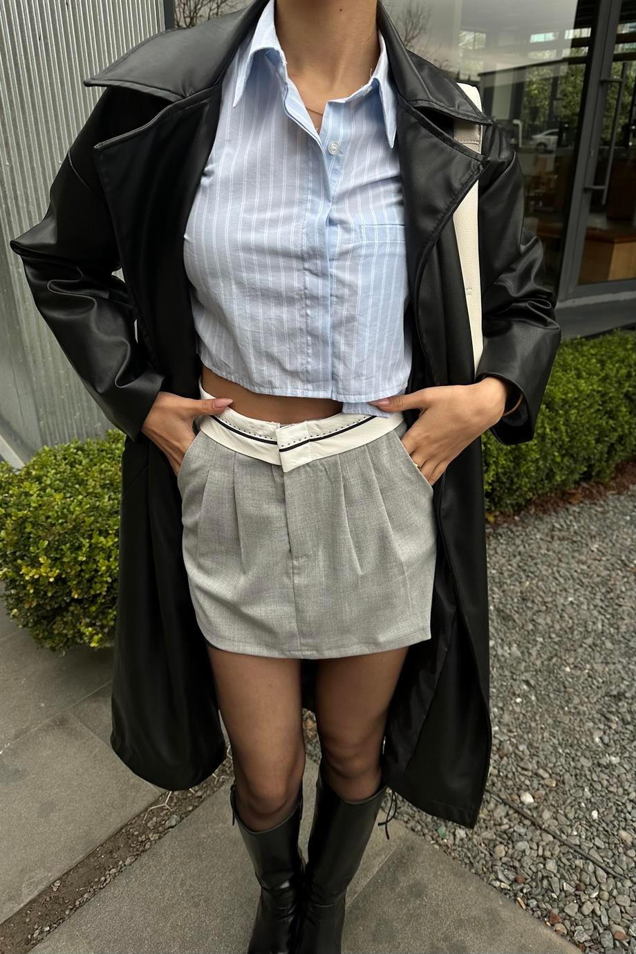 Gri Kemer Detay Mini Etek - Nazliye Moda | Kadın Giyim Modası