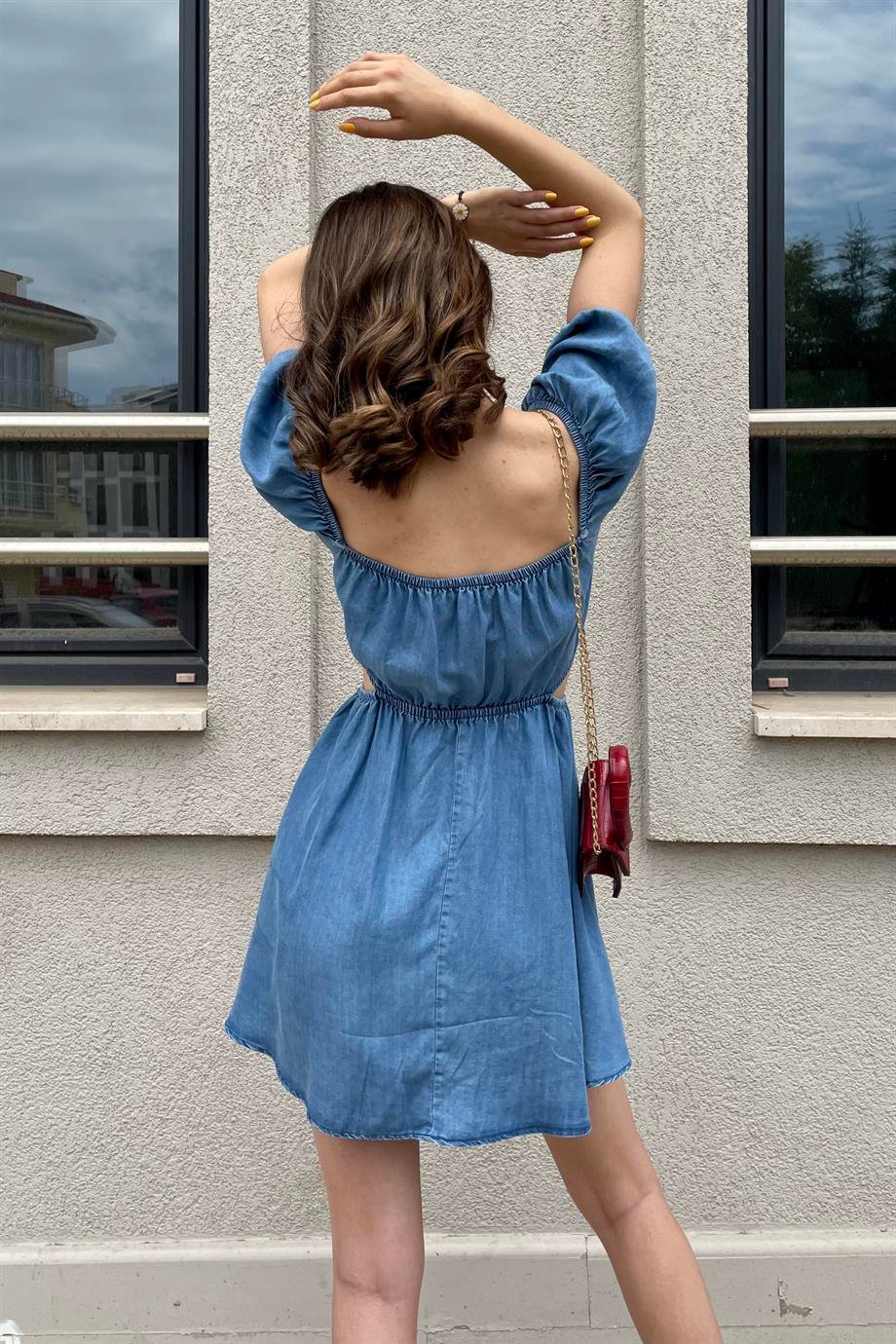 Mavi Dekolte Denim Mini Elbise - Kadın Elbise Modelleri - Nazliye Moda |  Kadın Giyim Modası
