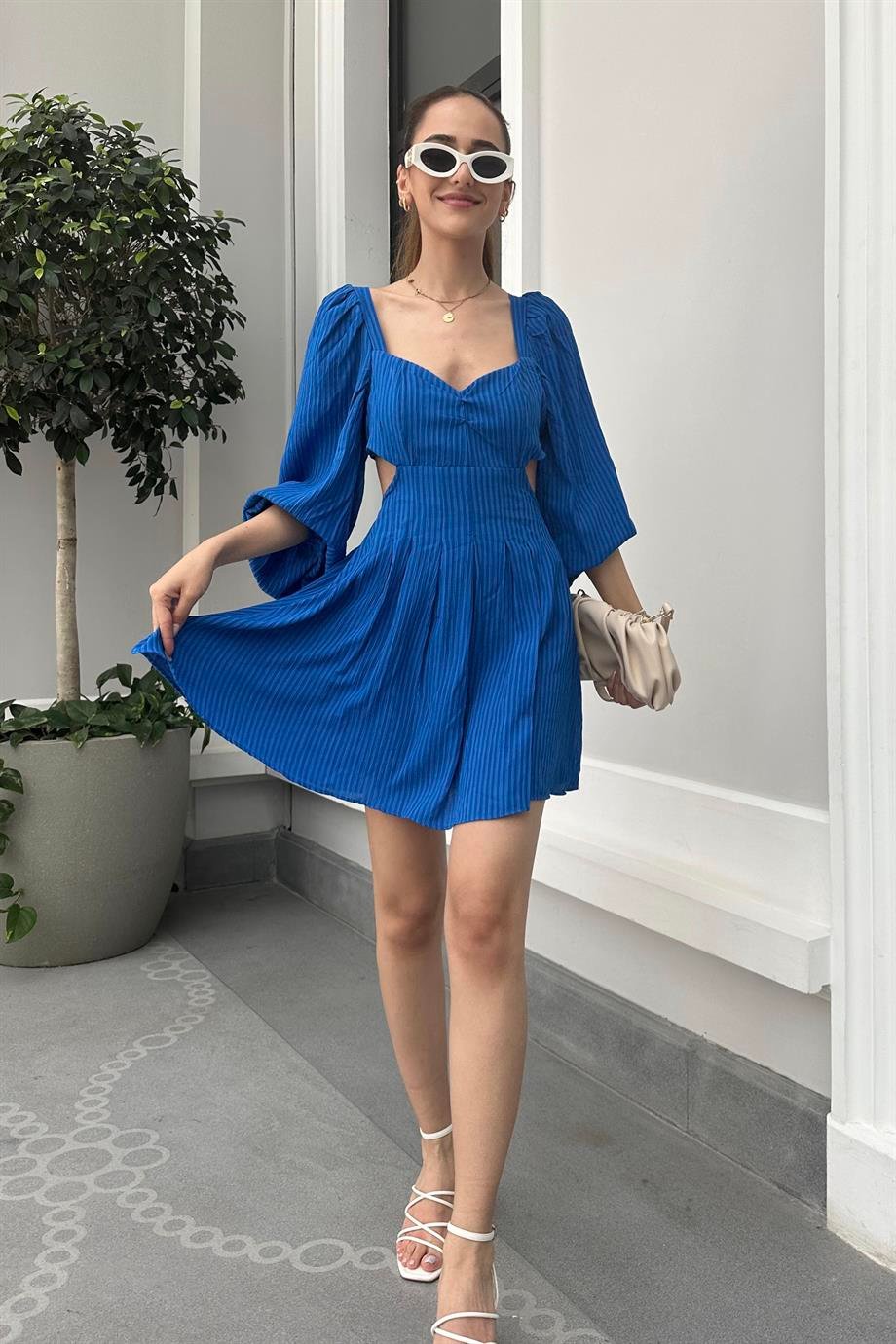 Mavi Sırt Dekolte Mini Elbise - Kadın Elbise Modelleri - Nazliye Moda |  Kadın Giyim Modası