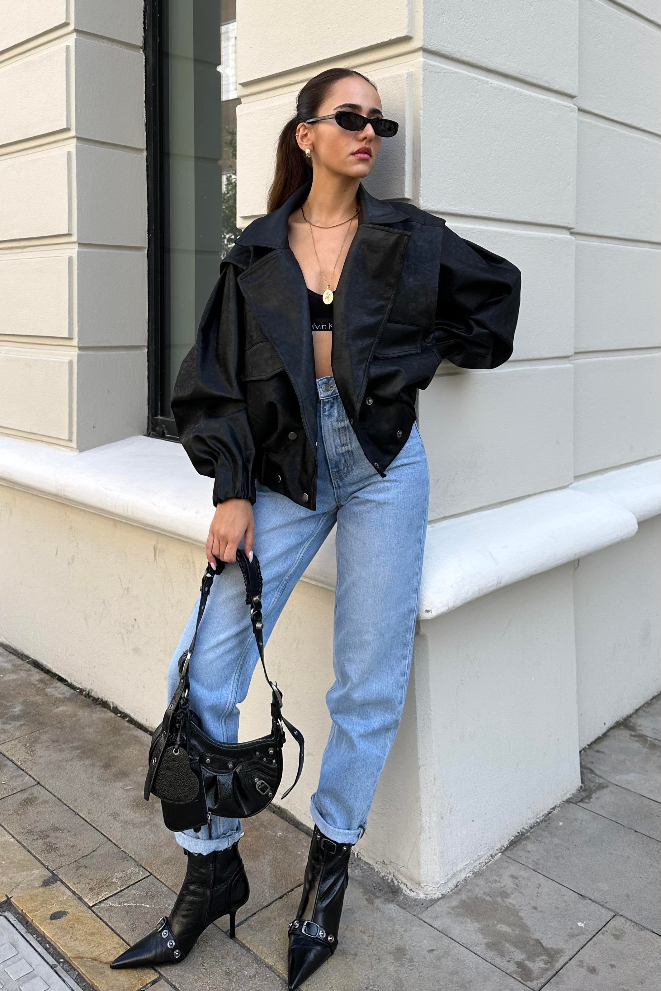 Black Design Oversized Leather Jacket - Jackets - Nazliye Moda | Women  Apparel Fashion