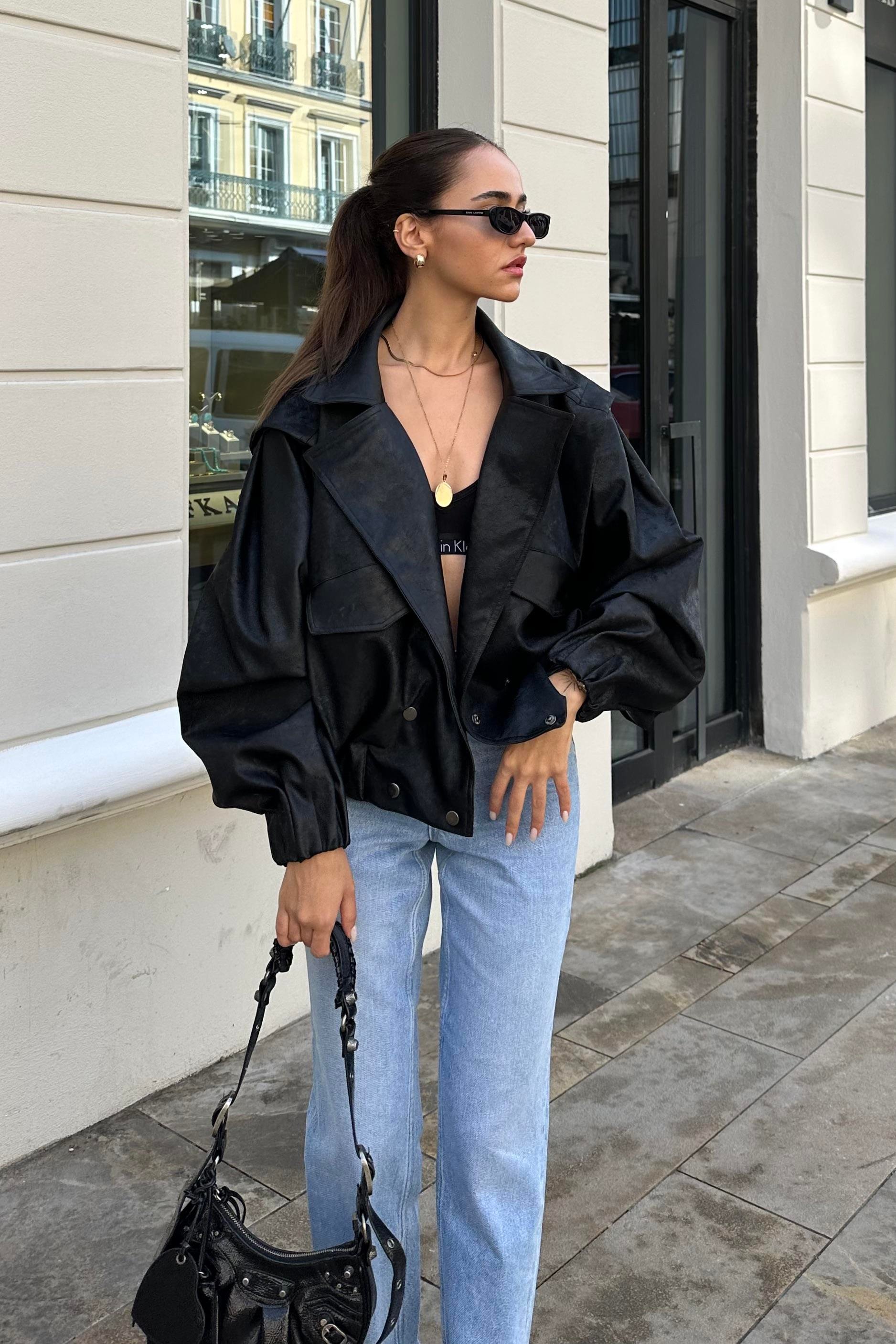 Siyah Tasarım Oversize Deri Ceket - Kadın Ceket Modelleri - Nazliye Moda |  Kadın Giyim Modası
