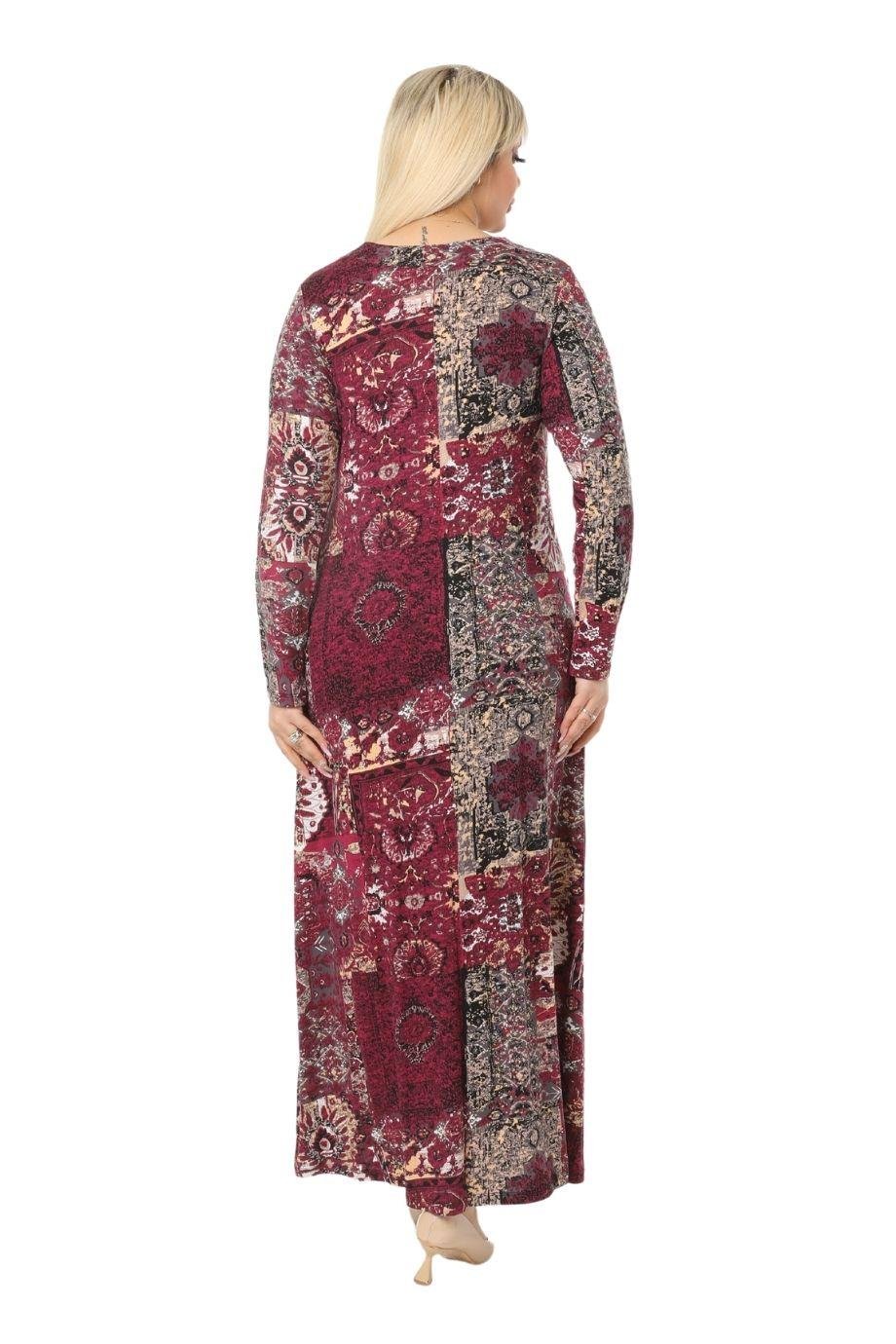 Melsay Butik Bordo Etnik Desen Kollu Kadın Uzun Tesettür Elbise