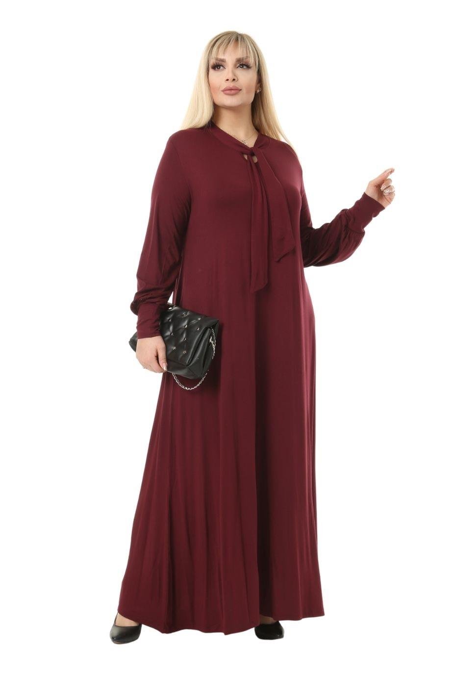 Melsay Butik Fularlı Bordo Uzun Kollu Büyük Beden Kadın Elbise