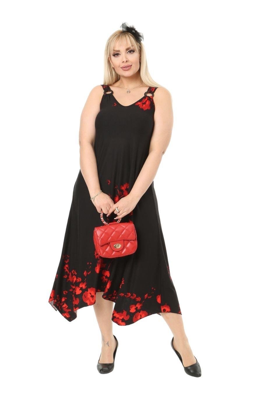 Melsay Butik Gelincik Desen Askılı V Yaka Uzun Elbise
