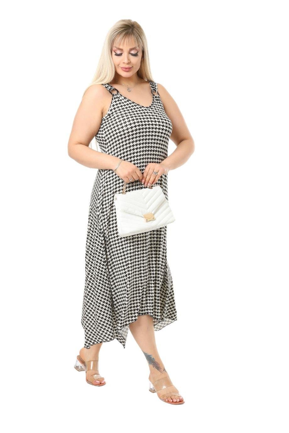 Melsay Butik Kazayağı Desen Askılı V Yaka Uzun Elbise