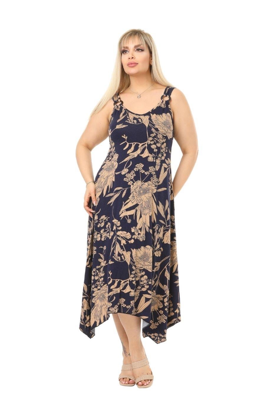 Melsay Butik Lacivert Palmiye Desen Askılı V Yaka Uzun Elbise