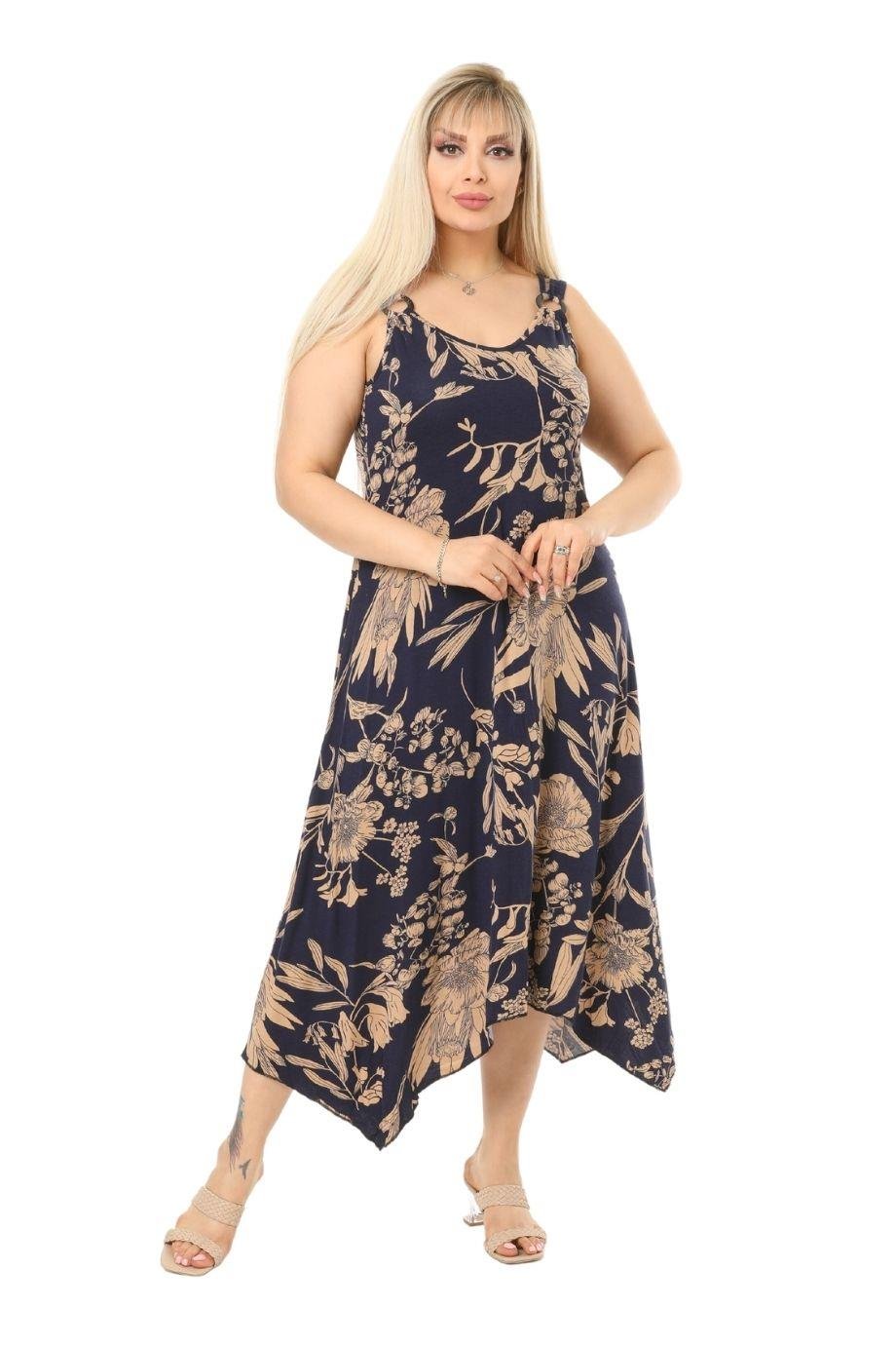 Melsay Butik Lacivert Palmiye Desen Askılı V Yaka Uzun Elbise
