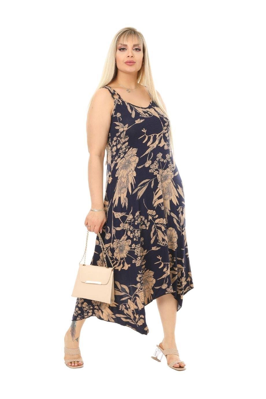 Melsay Butik Lacivert Palmiye Desen Askılı V Yaka Uzun Elbise