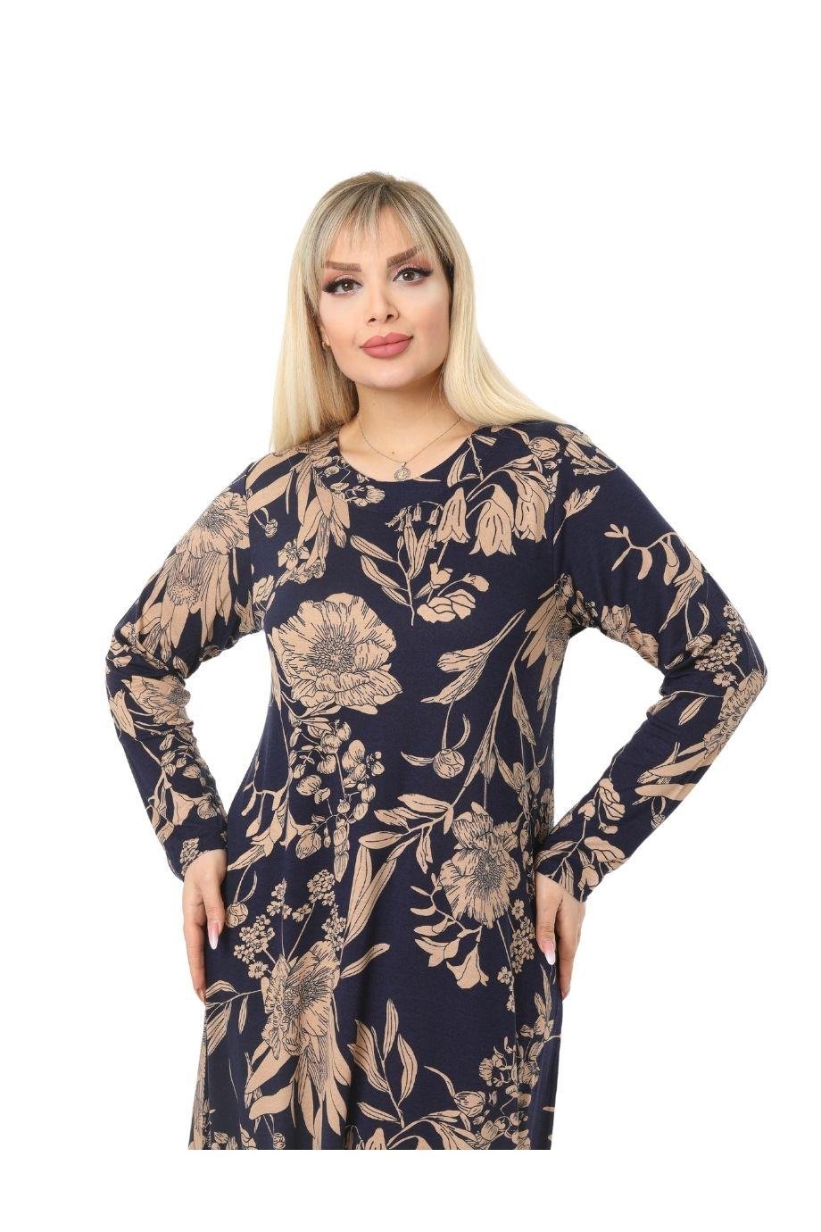 Melsay Butik Lacivert Yaprak Desen Kollu Kadın Uzun Tesettür Elbise