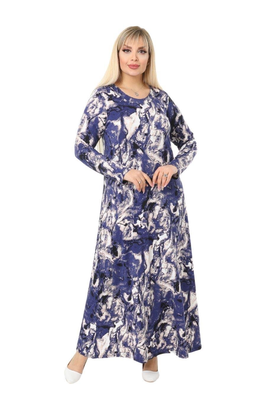 Melsay Butik Mavi Batik Desen Büyük Beden Uzun Tesettür Elbise