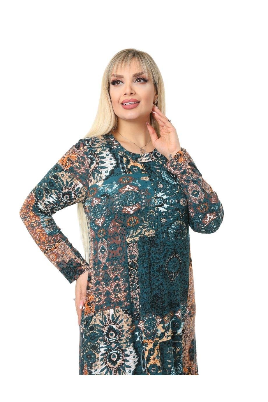 Melsay Butik Petrol Etnik Desen Kollu Kadın Uzun Tesettür Elbise