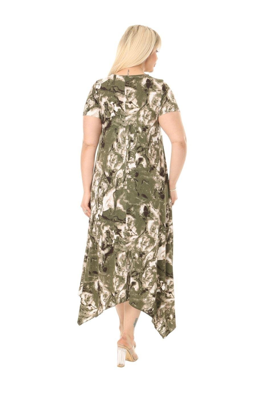 Melsay Butik Yeşil Batik Desen Asimetrik Kısa Kollu Uzun Elbise