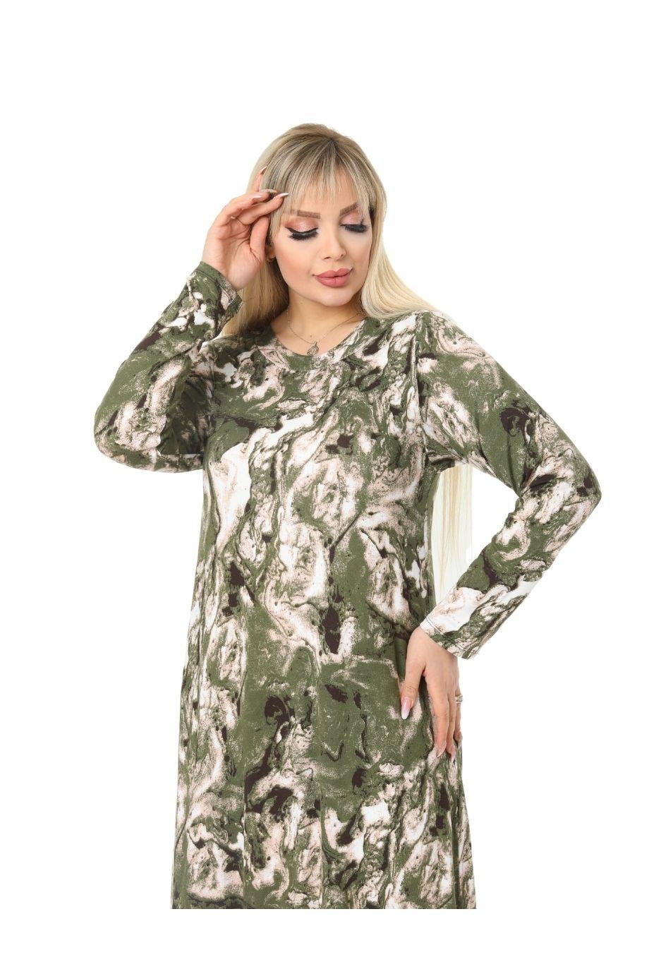 Melsay Butik Yeşil Batik Desen Kollu Kadın Uzun Tesettür Elbise