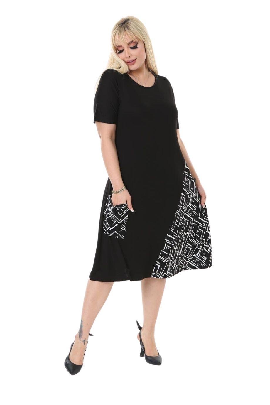 Melsay Butik Zigzag Desen Cepli Siyah Kısa Kol Kadın Midi Elbise