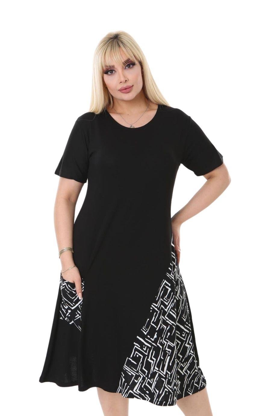 Melsay Butik Zigzag Desen Cepli Siyah Kısa Kol Kadın Midi Elbise
