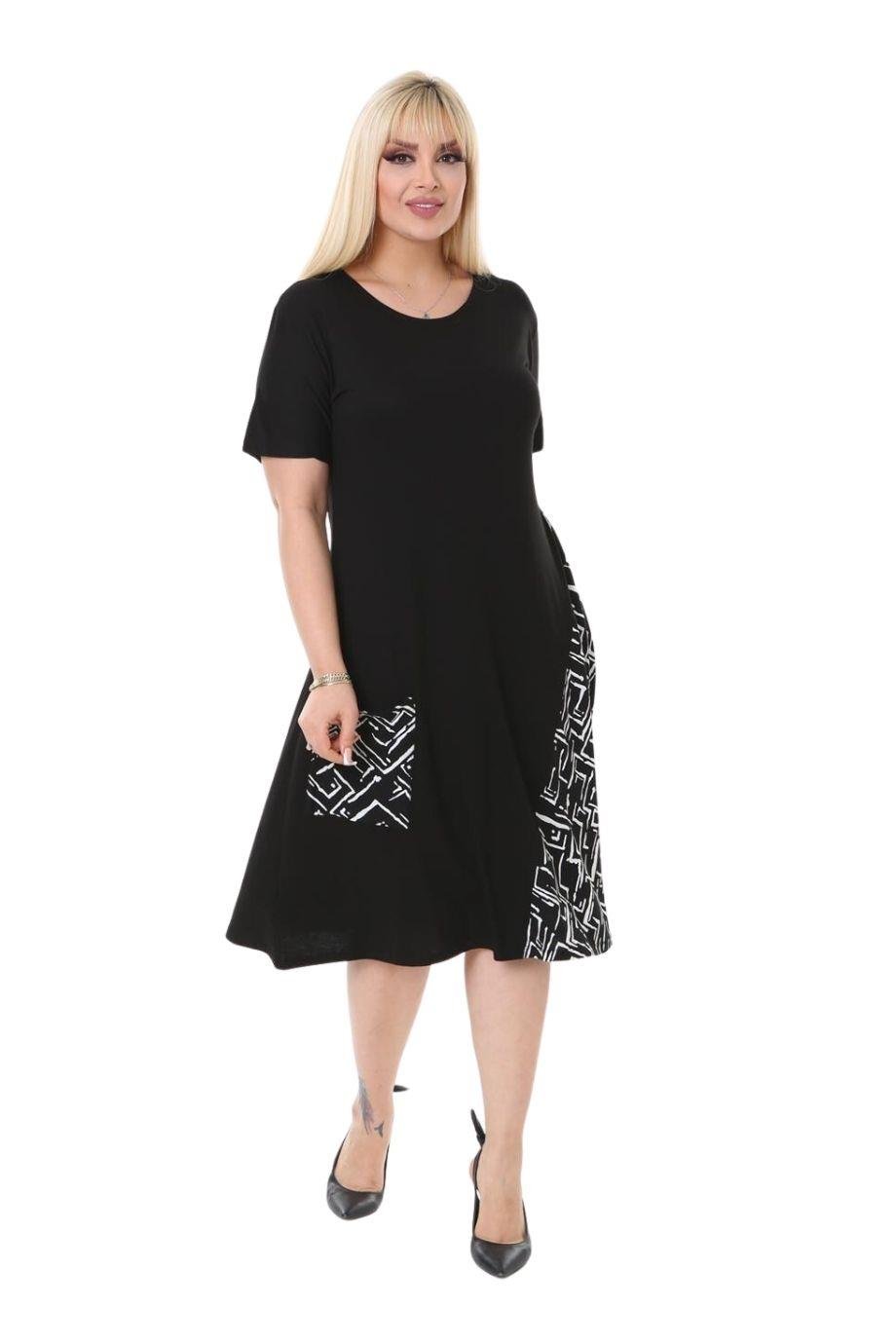Melsay Butik Zigzag Desen Cepli Siyah Kısa Kol Kadın Midi Elbise