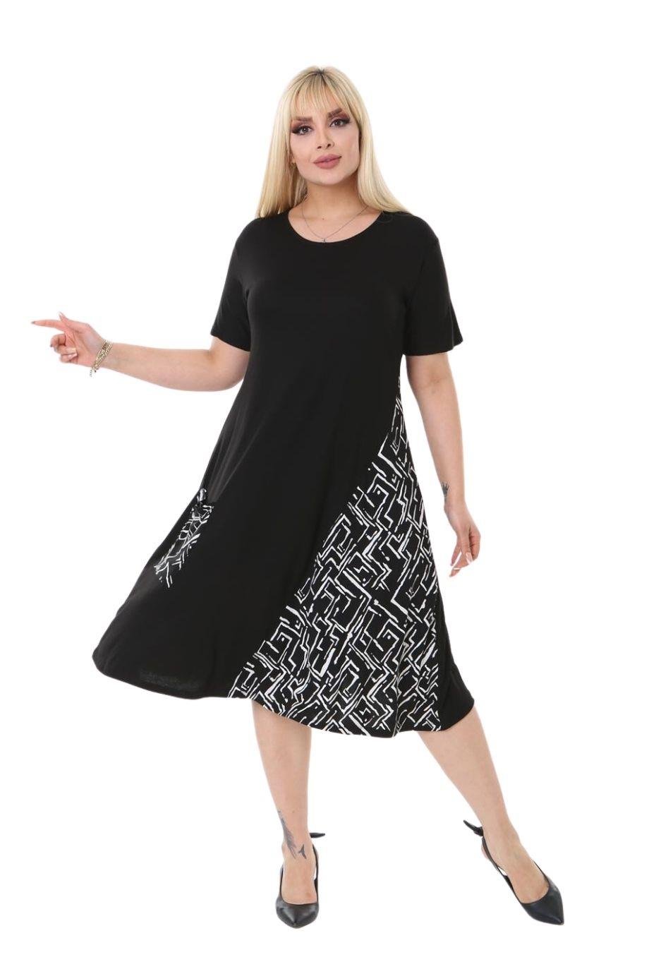 Melsay Butik Zigzag Desen Cepli Siyah Kısa Kol Kadın Midi Elbise