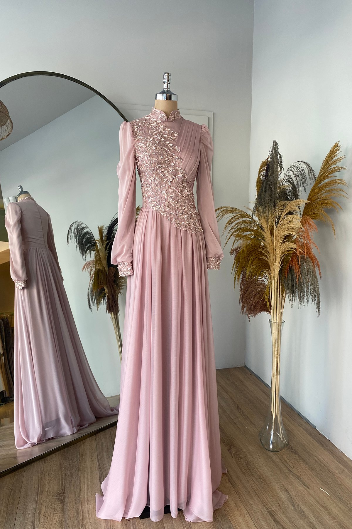 Leaf Patterned Tulle Hijab Tailed Candy Evening Dress -Powder Leaf Patterned Tulle Hijab Tailed Candy Evening Dress -Powder