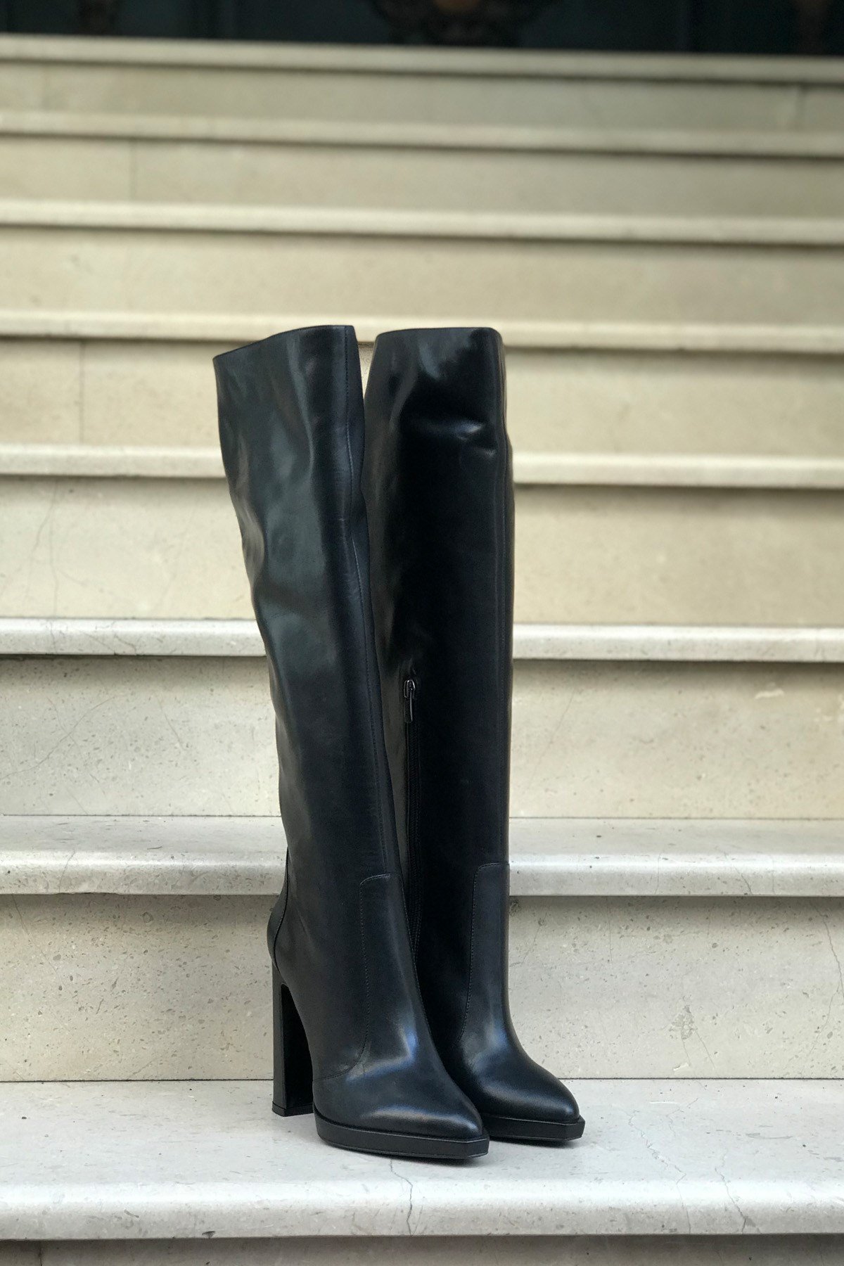 Madison Siyah Hakiki Deri Topuklu Çizme - Trendytopuk.com