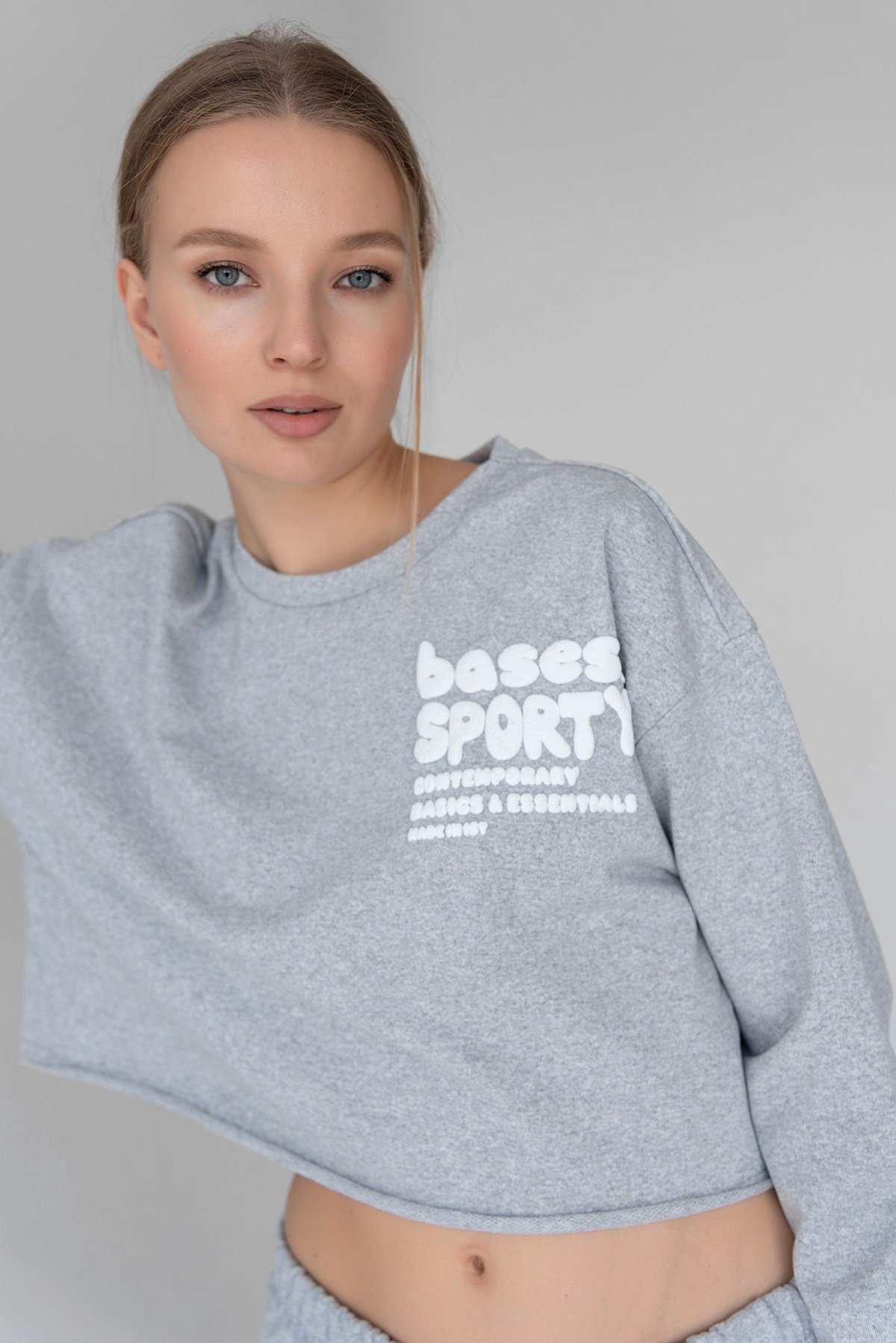 Kad n Grimelanj Bisiklet Yaka Crop Puff Bask l Uzun Kol Sweatshirt