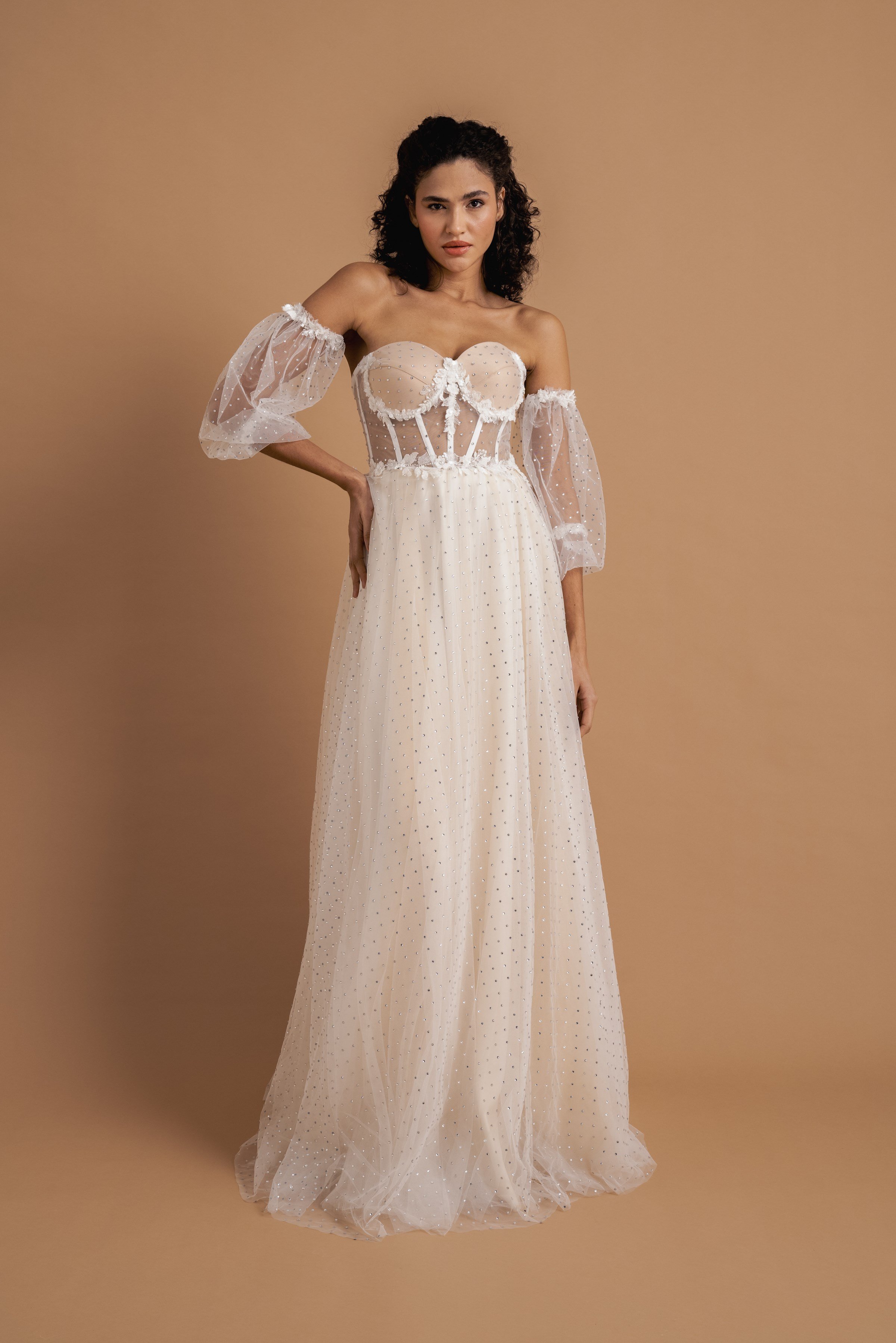 Lenta Moda White Shiny Bead Detailed Maxi Evening and Wedding Dress