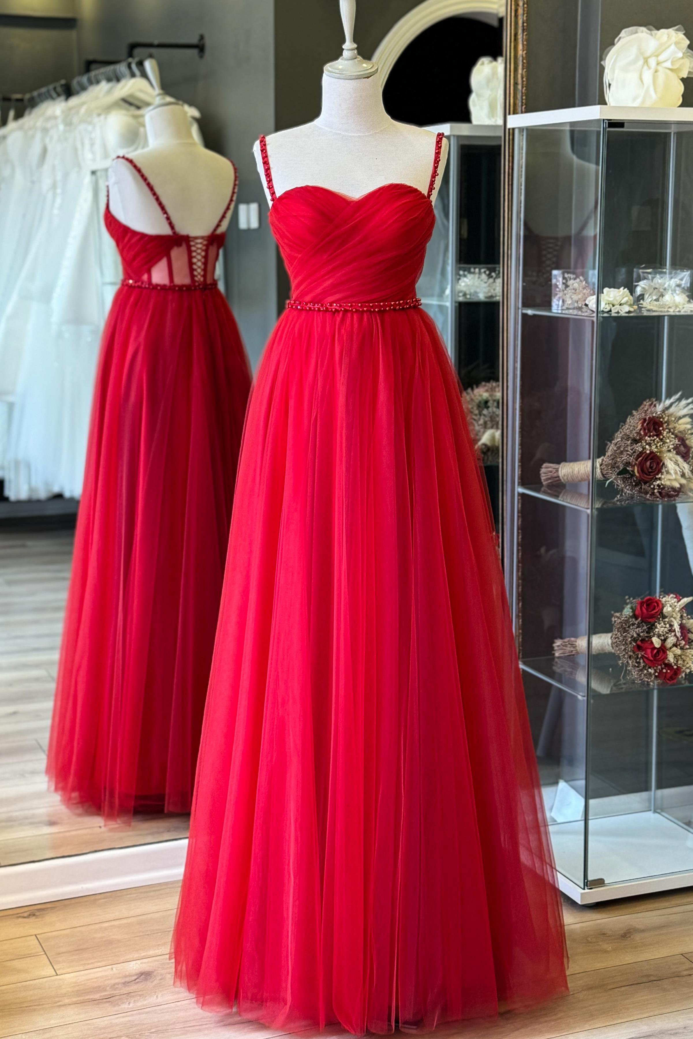 Kırmızı Drapeli ve İnci Detaylı Tül Abiye ve Nikah Elbisesi