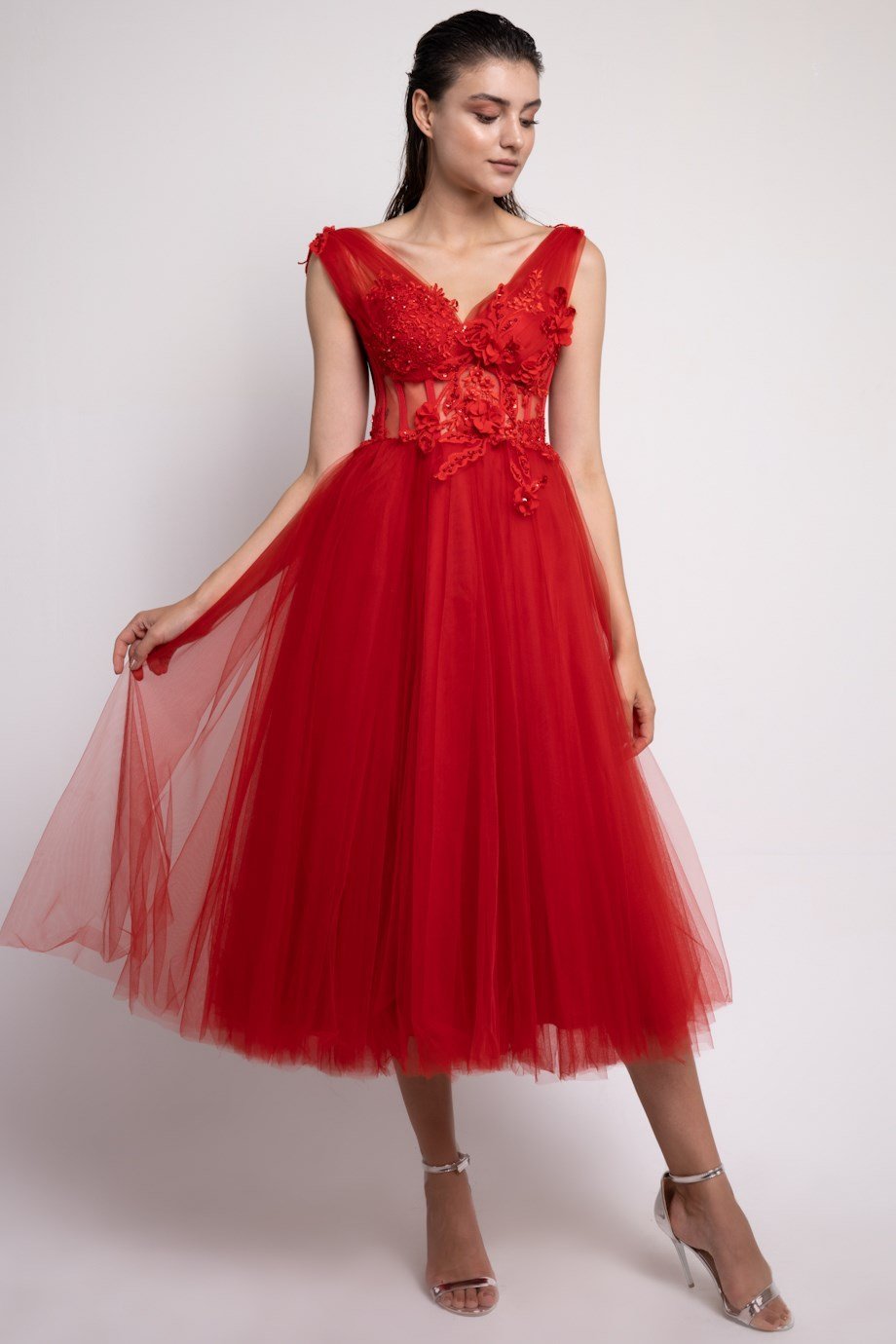 Lenta Moda Red Three-dimensional Lace Detailed Midi Evening Dress