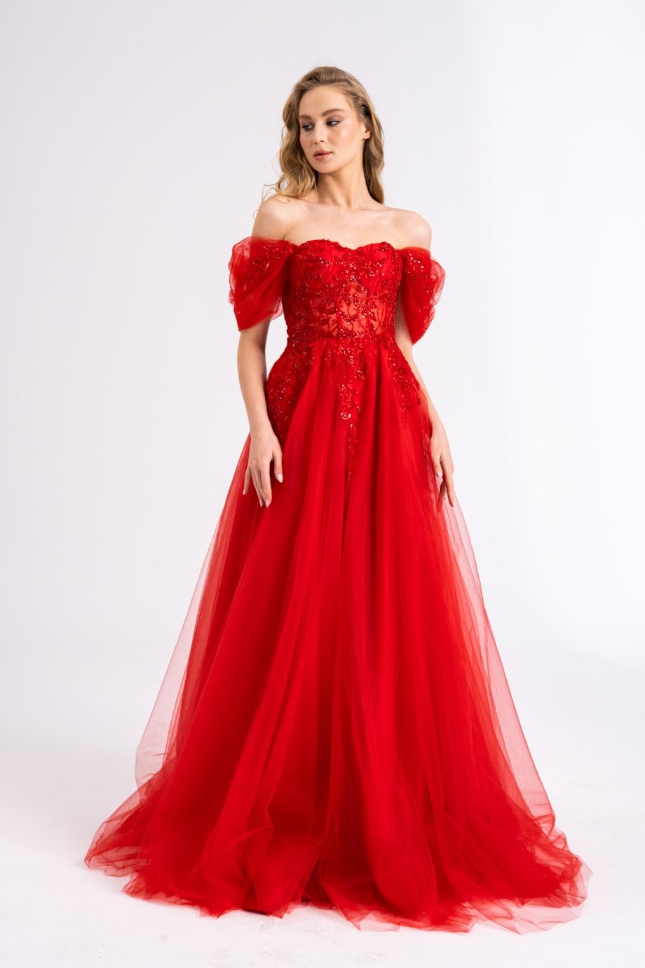 Lenta Moda Leaf Pattern Embroidered Red Evening and Wedding Dress