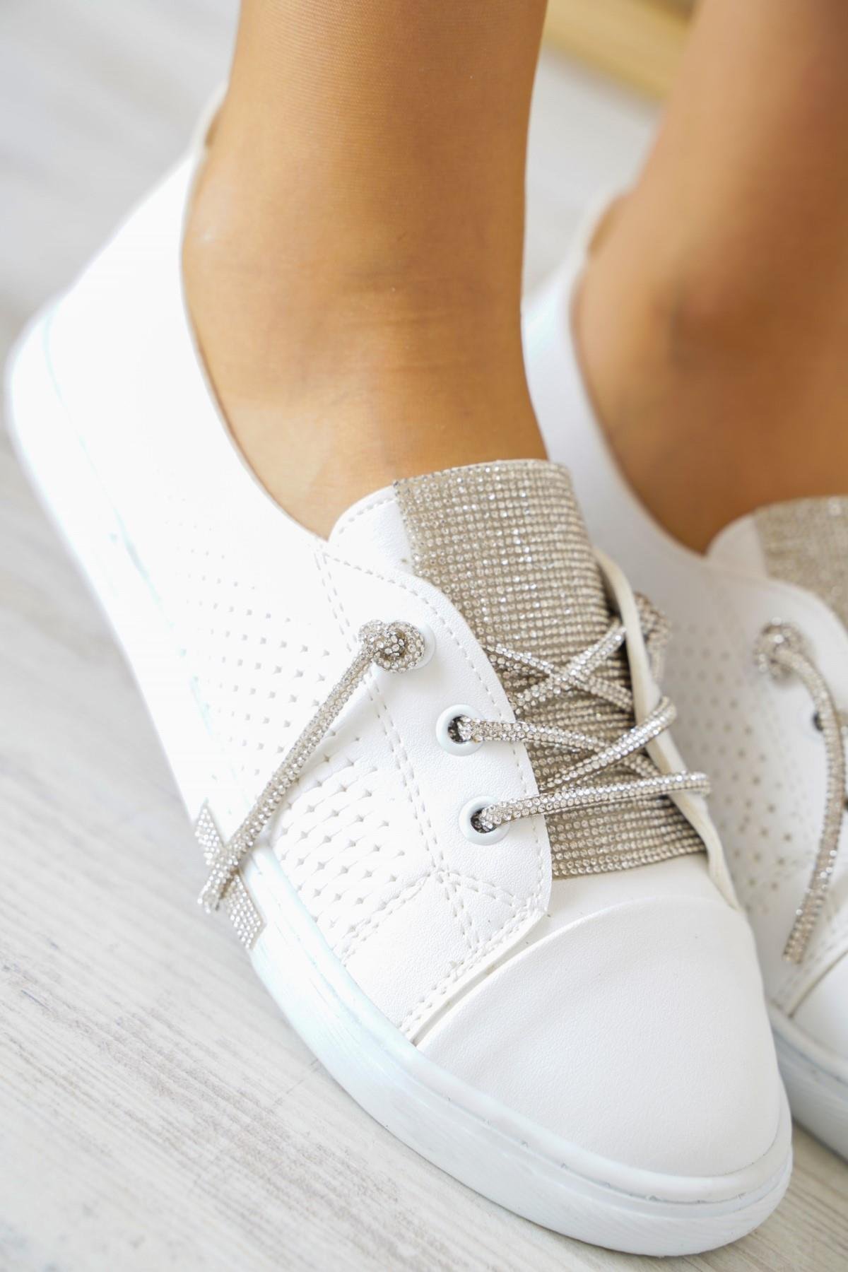 Liinge Dil Taşlı Kadın Spor Ayakkabı Beyaz Cilt
